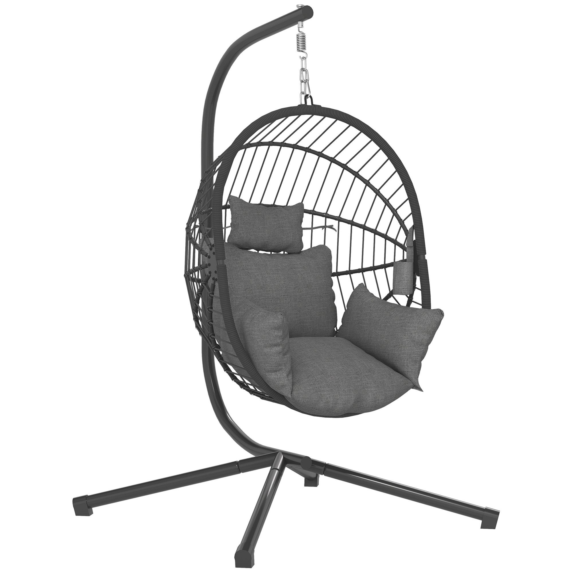 Outsunny Hängesessel Hängeschaukel mit Kissen, Hängestuhl mit Klappbarem (Sitzkorb, 1-St., Becherhalter), Rattanoptik für Indoor, Outdoor, bis 120 kg Belastbar, Stahl, Grau