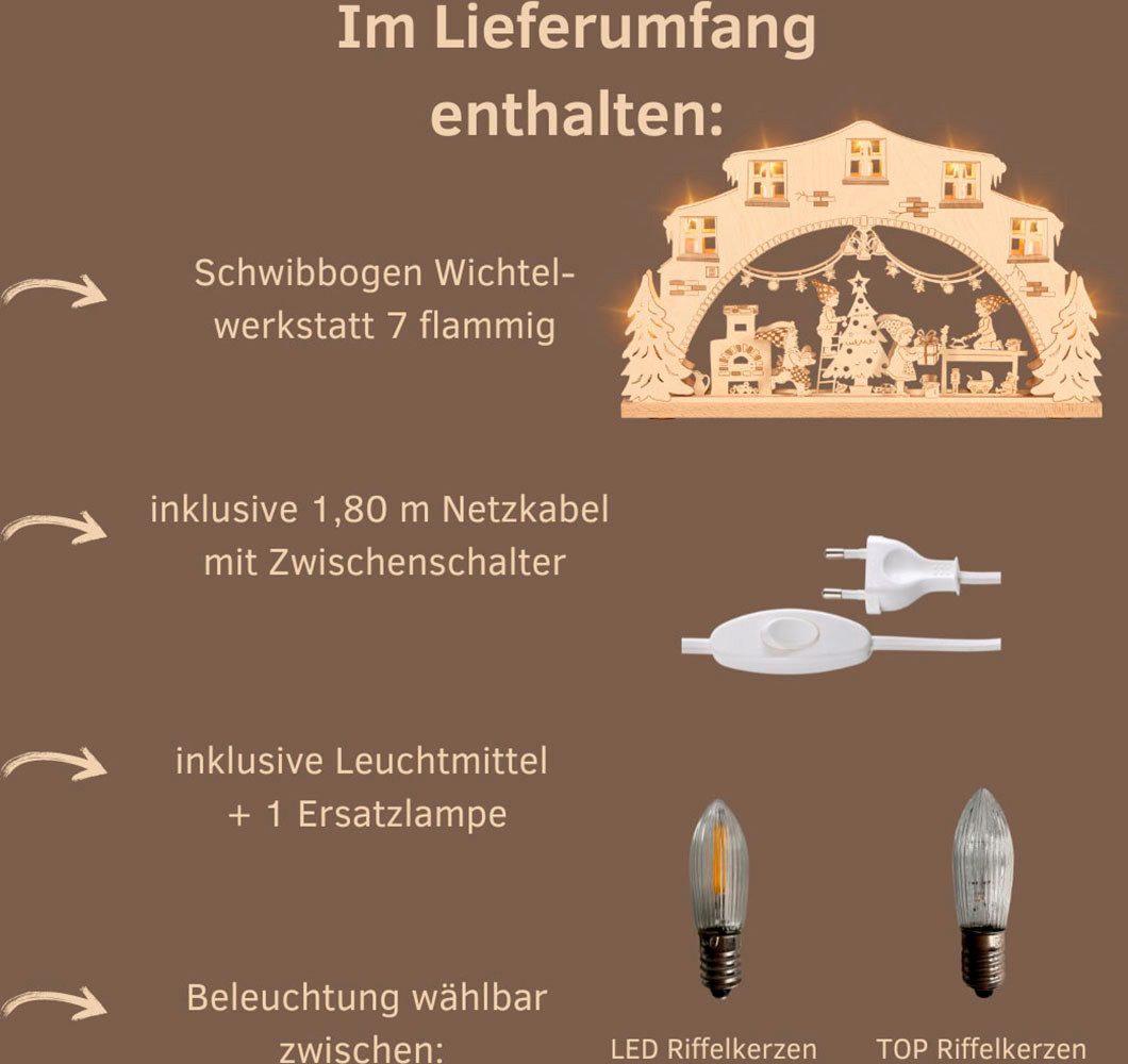 Weigla Schwibbogen Wichtelwerkstatt, Lichterbogen aus Holz, NATUR, Made in Germany, Erzgebirge garantiert, Weihnachtsdeko Innen, Weihnachtsbeleuchtung