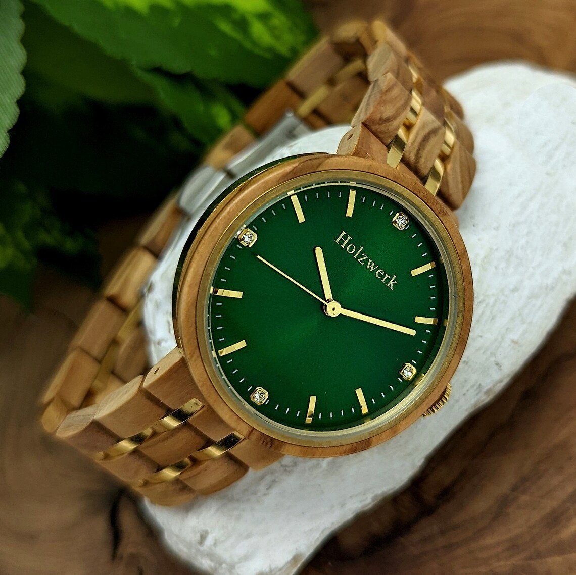 Holzwerk Quarzuhr Uhr, & Armband braun, Damen beige gold edle Holz PIRNA Strass grün