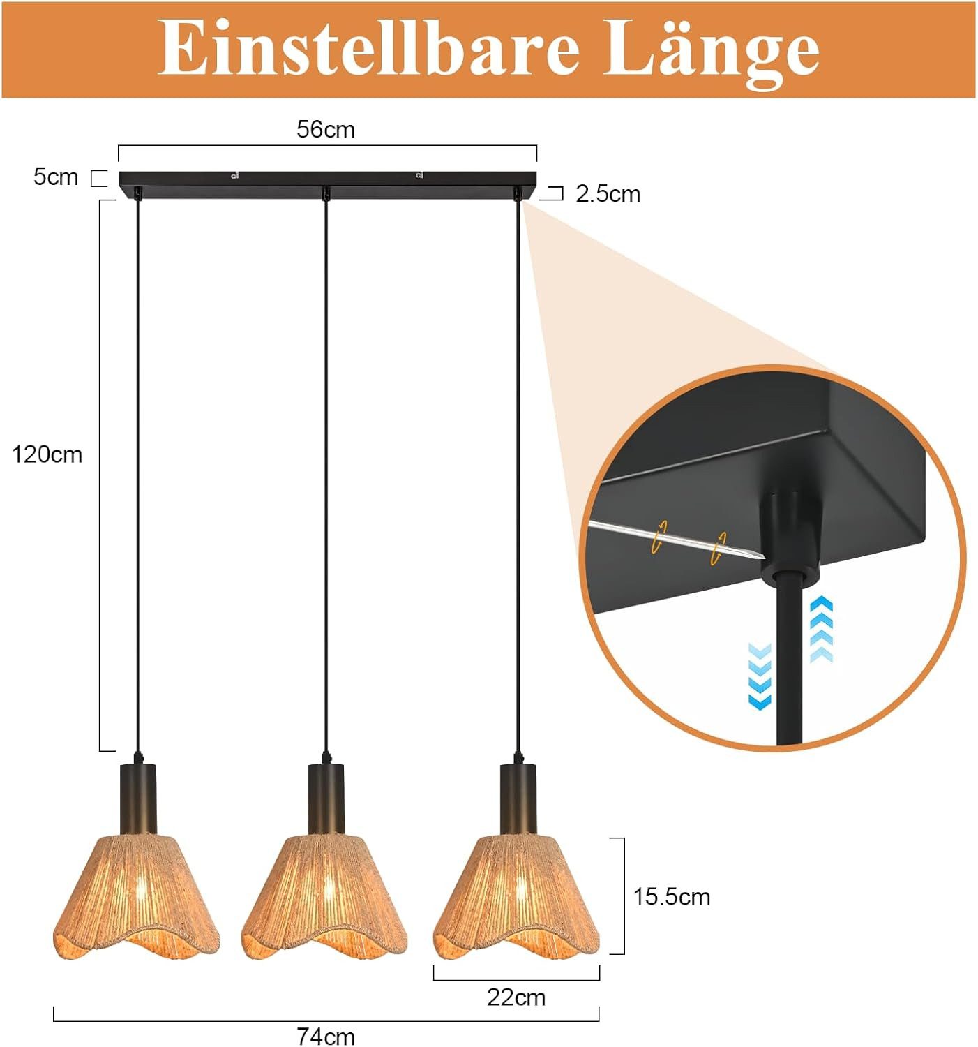Nettlife Pendelleuchte Schwarz Papier Retro Boho Hängelampe mit 1/3 flammige E27 Fassung, Höhenverstellbar, ohne Leuchtmittel, ob Schlafzimmer Flur Esszimmer Da – Bild 3 von 5