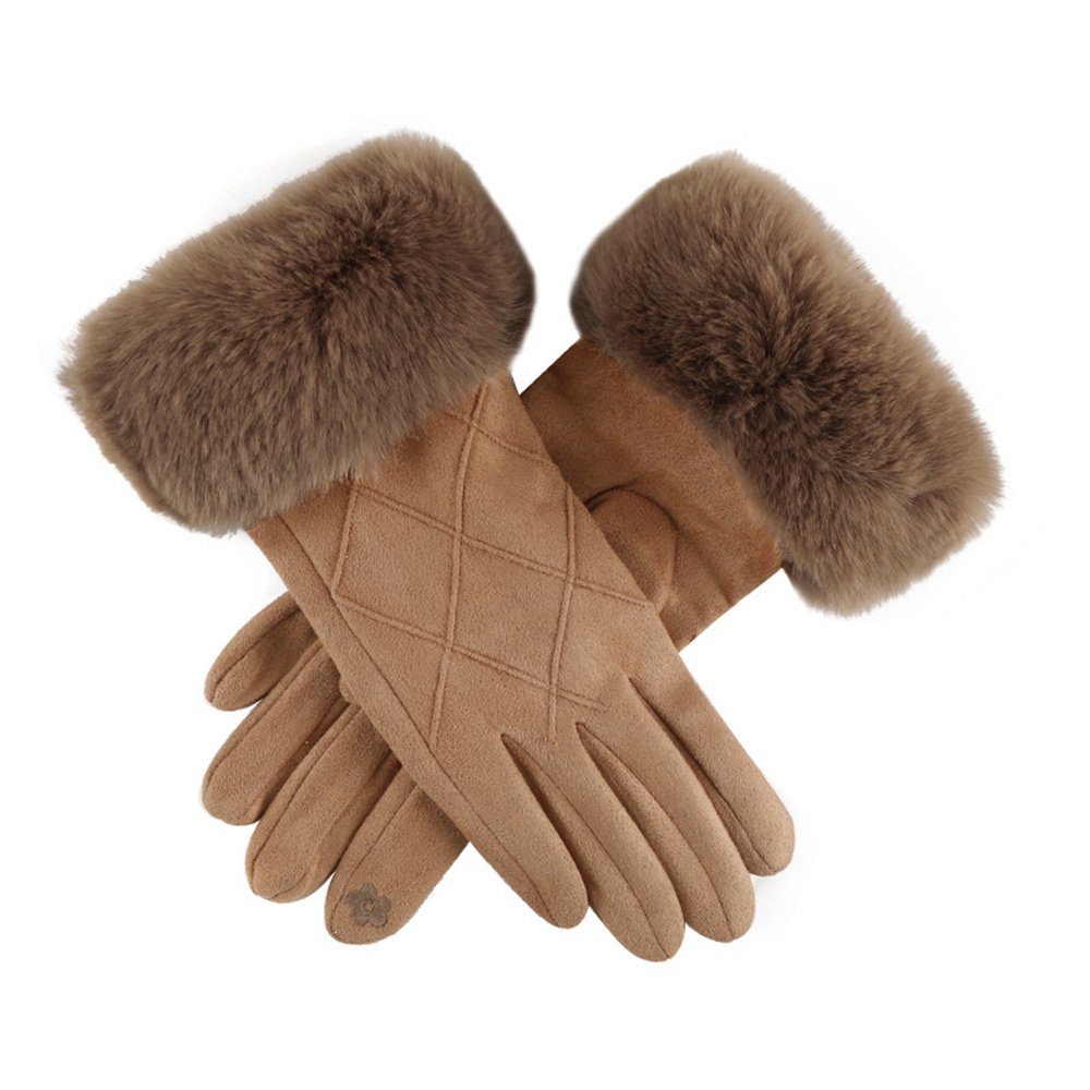 Rouemi Lederhandschuhe Damenhandschuhe, warmem, kariertem Plüschhandschuhe Braun Wildleder aus