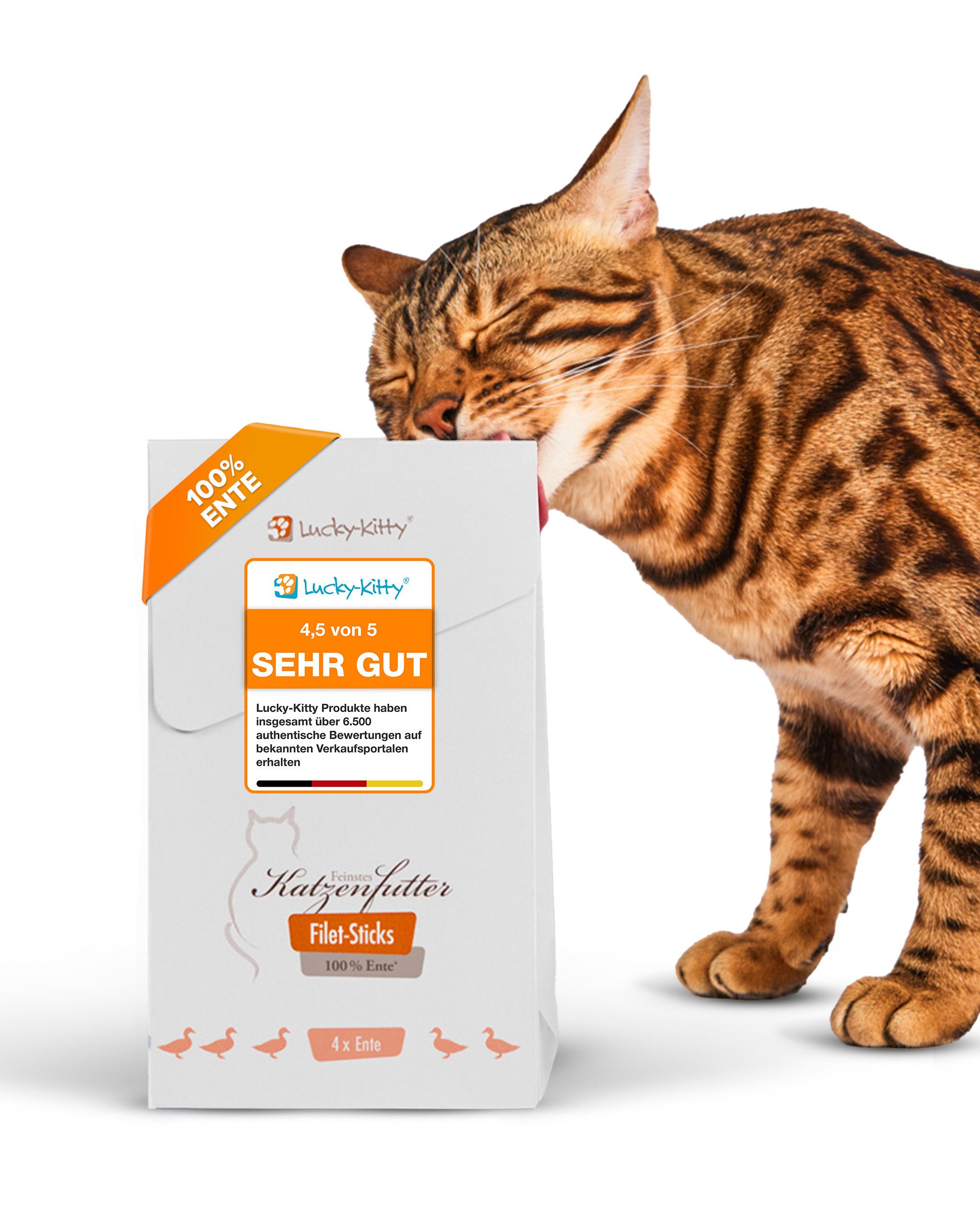 Lucky-Kitty Katzensnack, 98,5 % Fleischanteil, saftige Katzen Leckerli, 20 Stck. Ente, Snack für: Katzen, I Filet-Sticks ohne Konservierungsstoffe, sortenrein