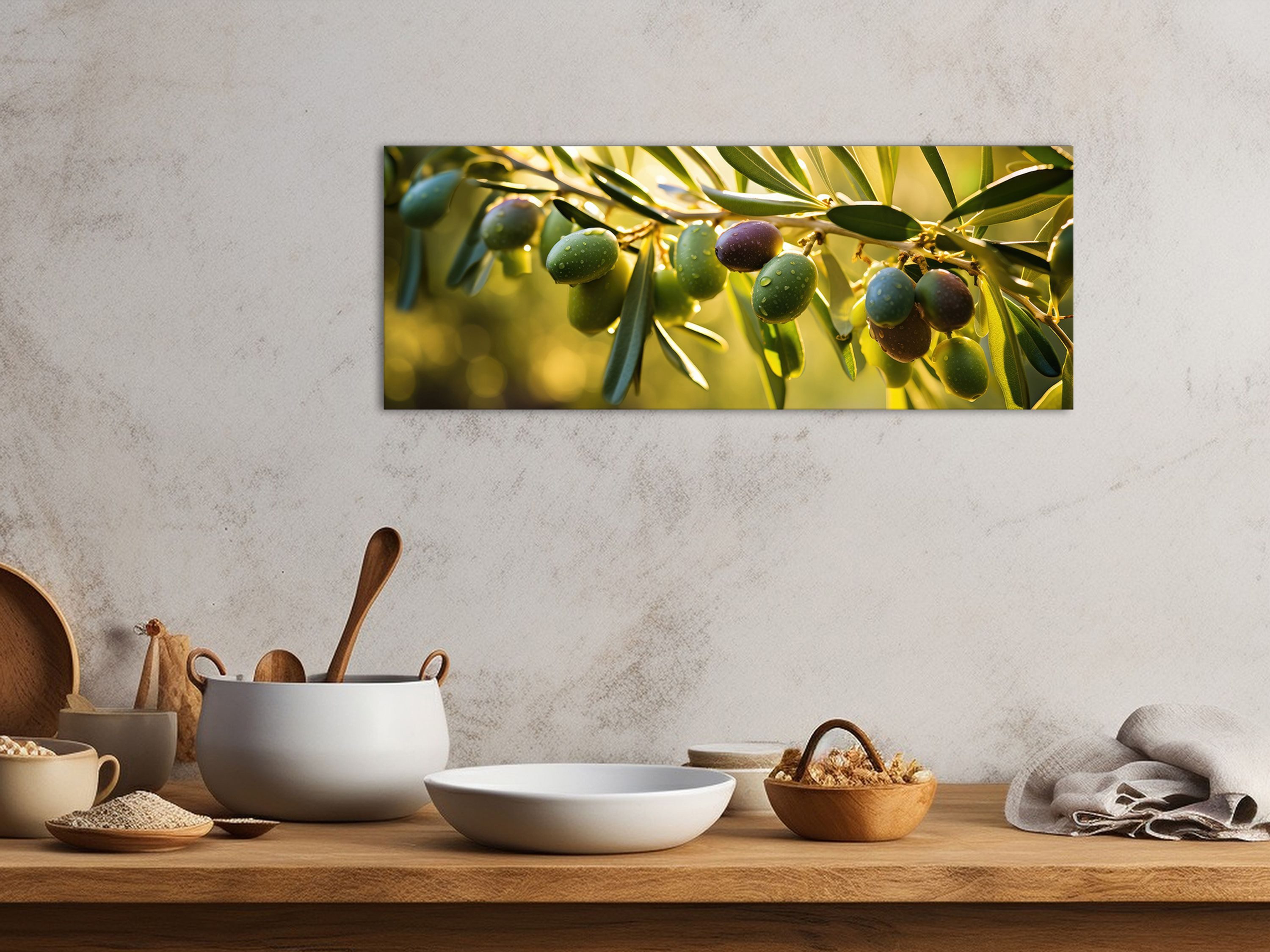 artissimo Glasbild Bild aus Glas 80x30 cm / Wandbild Küche Querformat, Küchenbild: Oliven grün meditteran