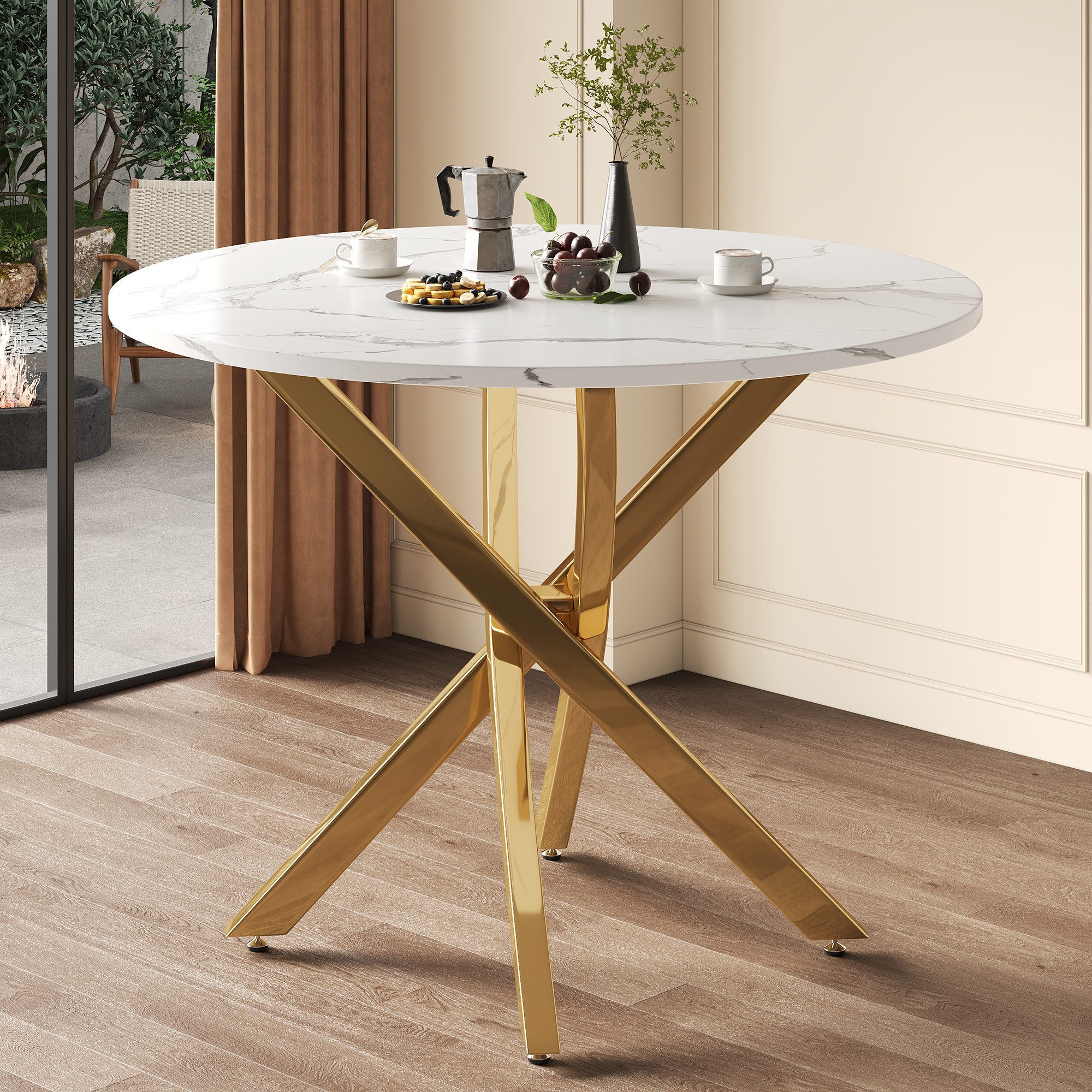 Flieks Esstisch runder Tisch Multifunktionstisch (galvanisierte Tischbeine mit verstellbaren Fußpolstern in goldfarben, 1-St., 1 Tisch, B80xH75 cm), moderner Küchentisch Arbeitstisch, Tischplatte in weißer Marmoroptik