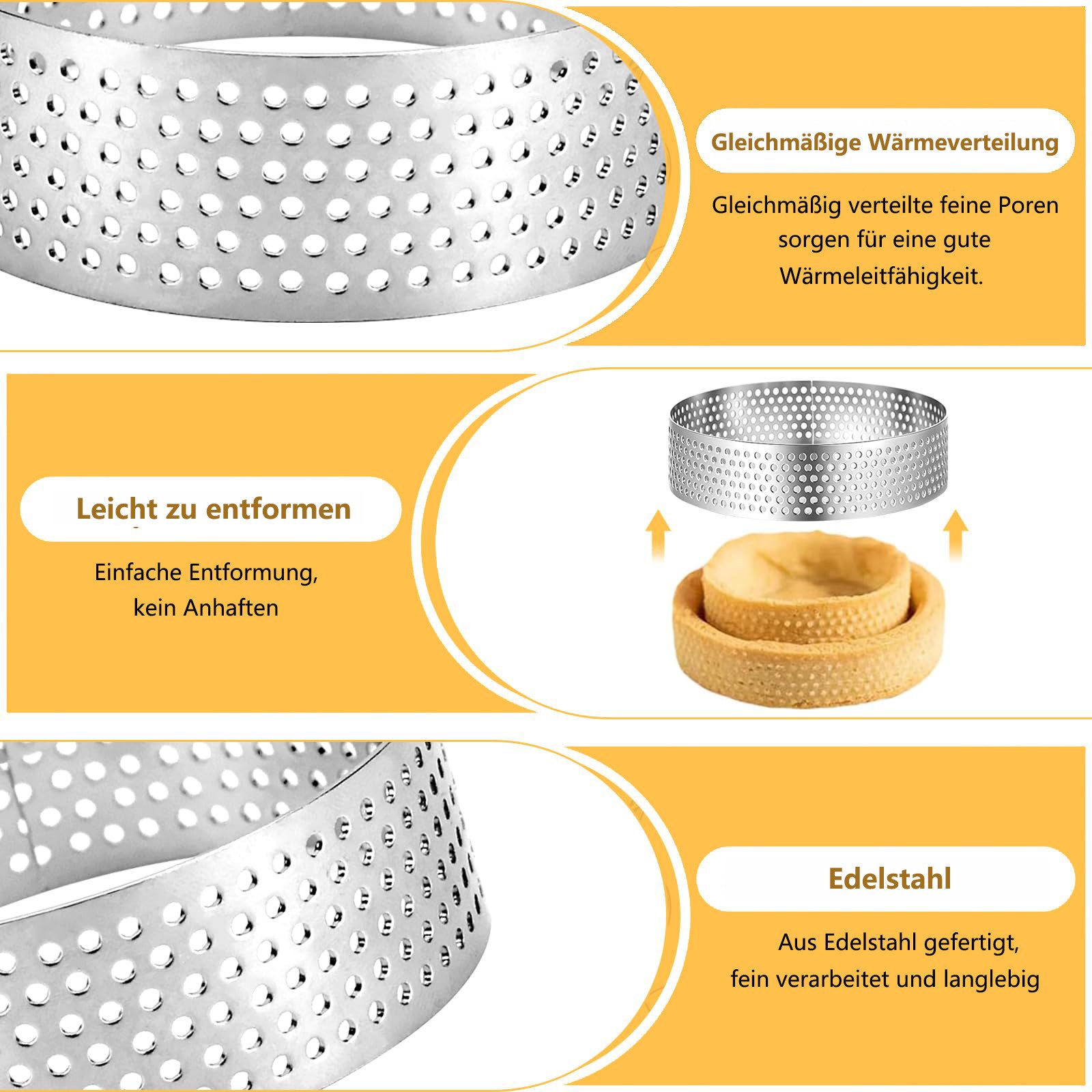 FOUORTUNATE-BEE Tarteform 12 Stück Edelstahl Tartelette-Rahmen mit Löchern, (Perfekte Tarte- und Quicheformen, Ø 6 cm 12-tlg), gleichmäßige Wärmeverteilung, ros – Bild 3 von 5