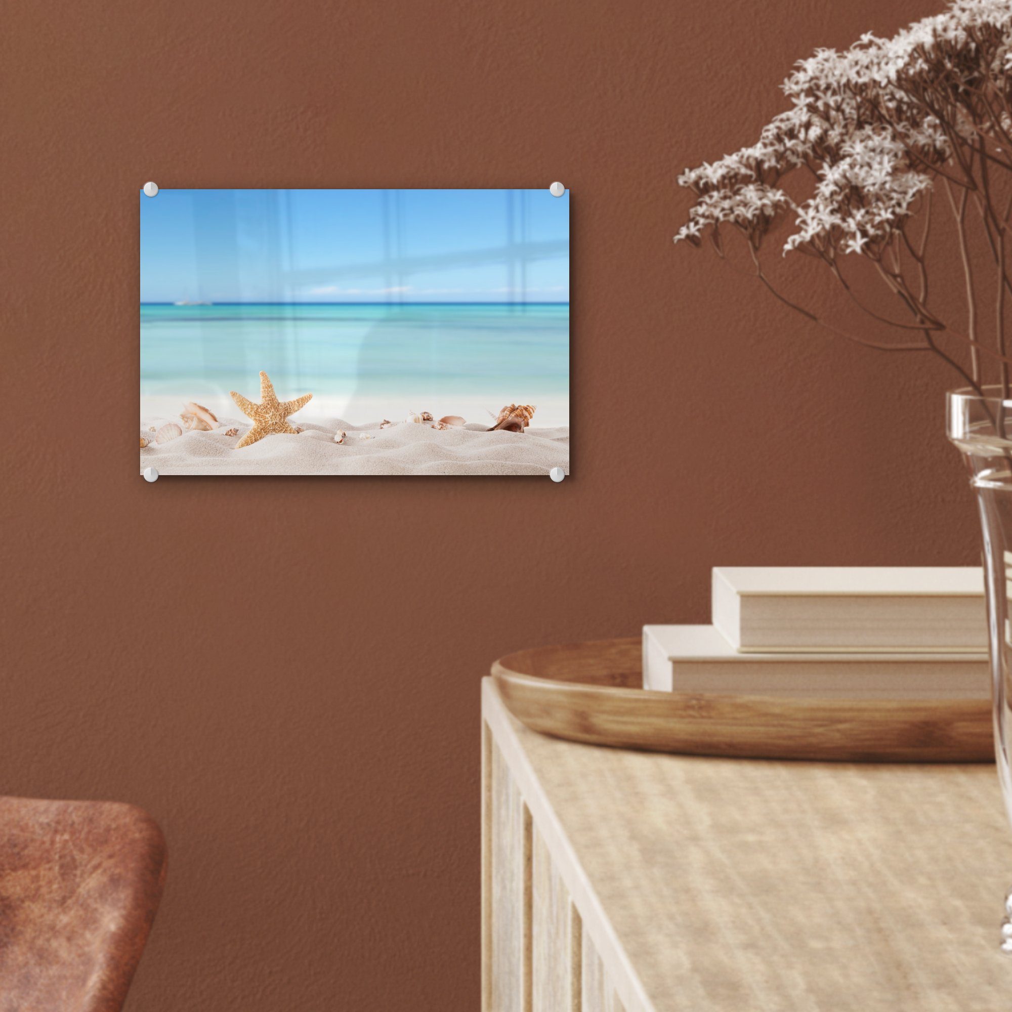 - - Glasbilder - Bilder Wanddekoration Seesterne, Strand - St), Muscheln - Meer (1 MuchoWow - Glas Wandbild Glas Acrylglasbild auf Foto auf