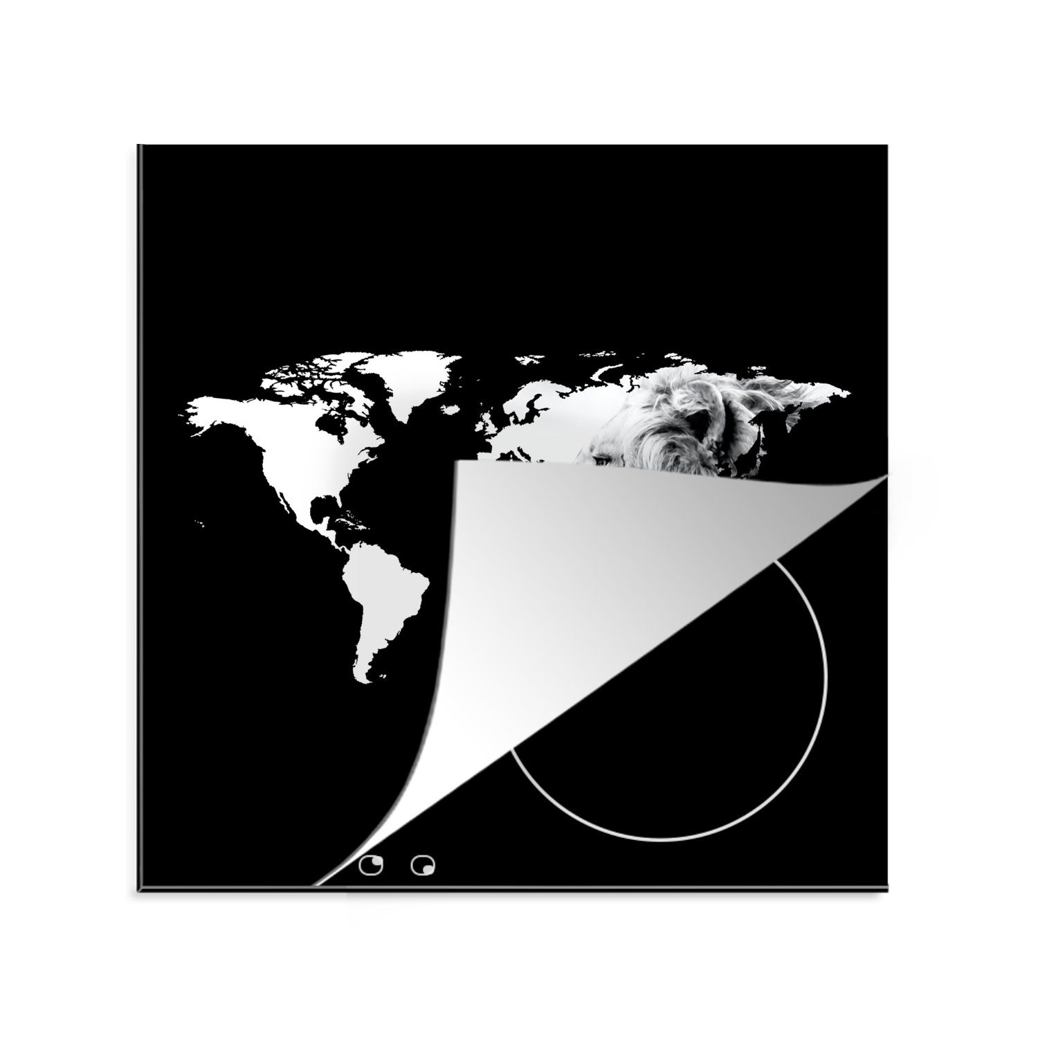 MuchoWow - Ceranfeldabdeckung, Löwe Arbeitsplatte und (1 Schwarz 78x78 weiß, für Weltkarte tlg), cm, - Vinyl, Herdblende-/Abdeckplatte küche