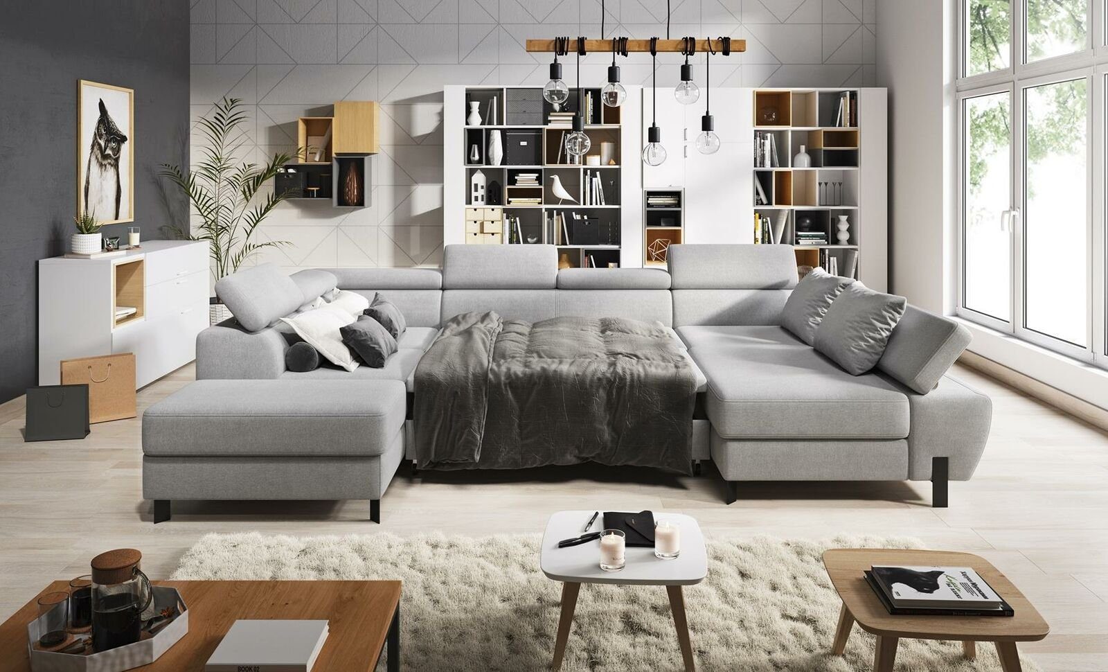 Ecksofa JVmoebel Design Sofas Schlaf U-form Textil Bettfunktion Couch Ecksofa, Leder