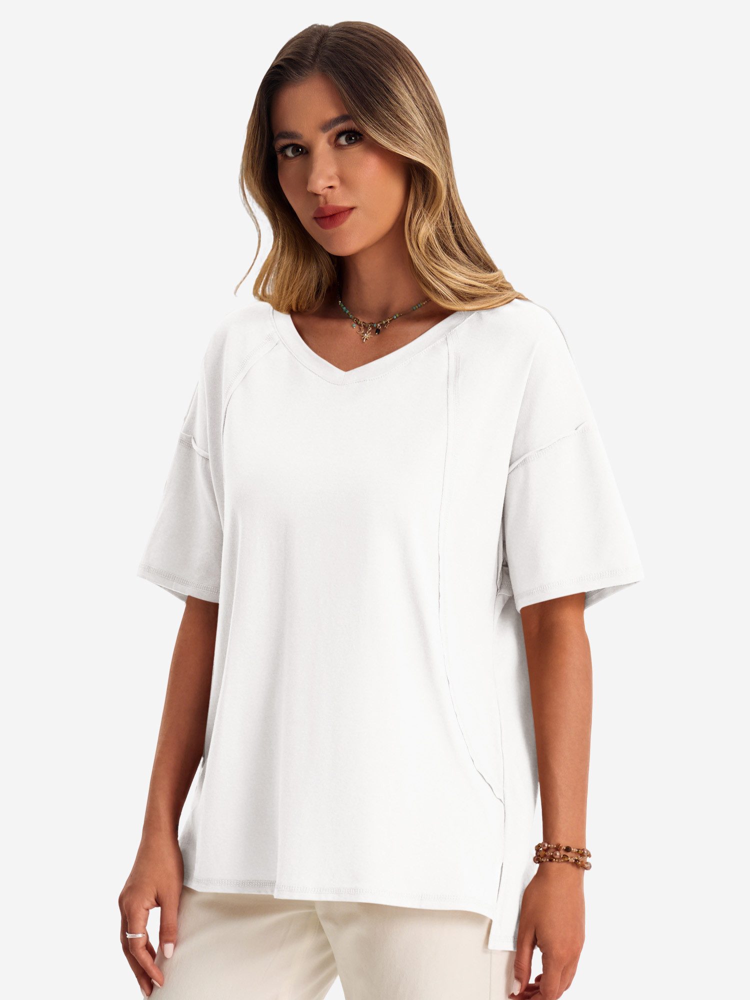 Imily Bela Kurzarmshirt Damen mit V-Ausschnitt Halbarm Seitenschlitzen Casual Loose (Packung, 1-tlg., 1per-Pack) mit Teilungsnähte in Unifarbe