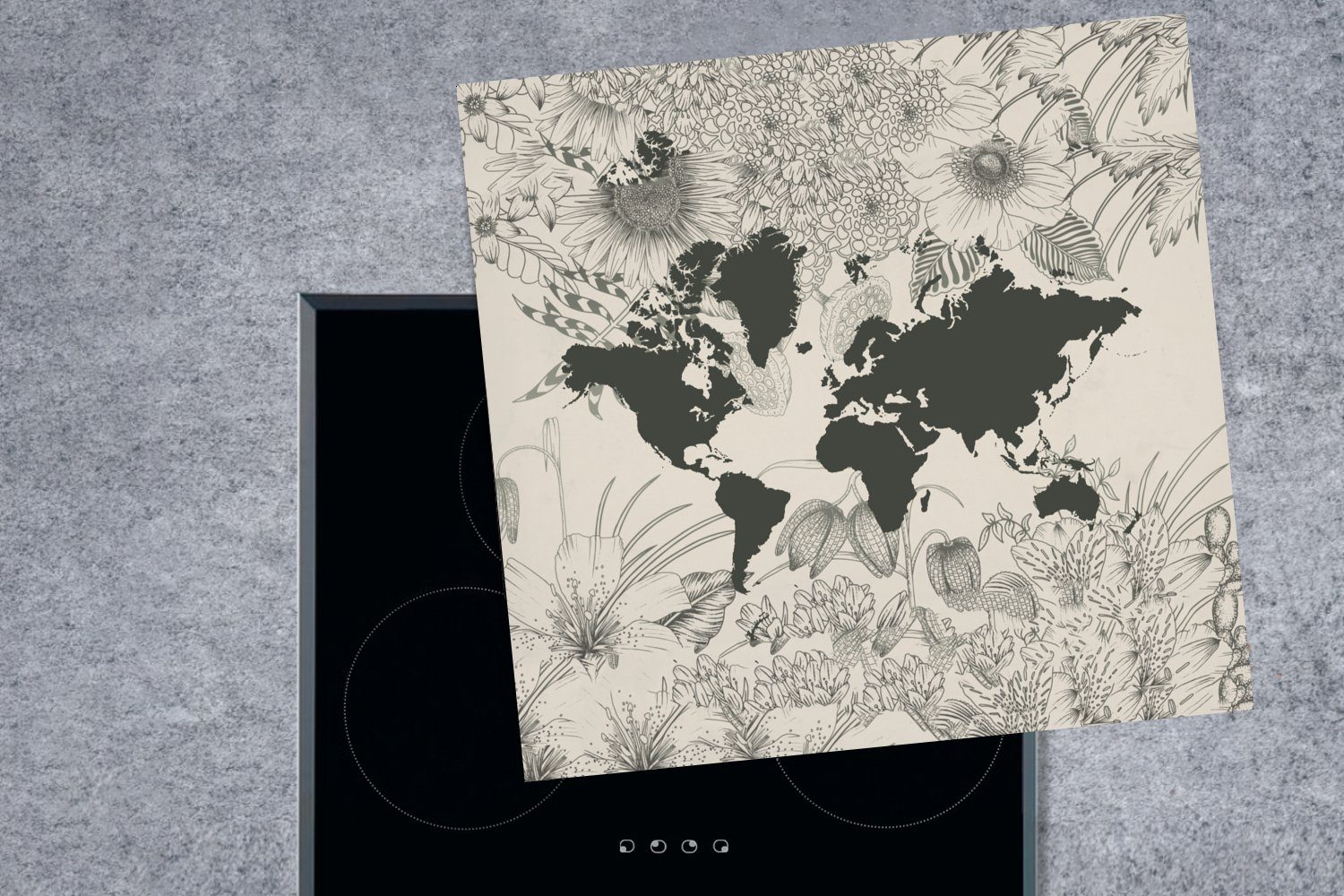 Herdblende-/Abdeckplatte küche (1 cm, tlg), - Vinyl, Grau MuchoWow - 78x78 für Blume, Ceranfeldabdeckung, Weltkarte Arbeitsplatte