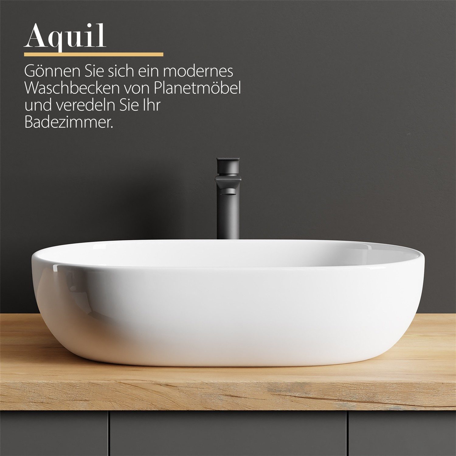 Planetmöbel Aufsatzwaschbecken Aquil Deluxe Badezimmer Waschbecken 60 cm oval für Waschtisch (Keramik Aufsatzwaschbecken für Bad, Gäste WC, 1-St., Waschschale 60 x 40 x 15 cm ohne Hahnloch und Überlauf), für Waschtische oder Waschplätze