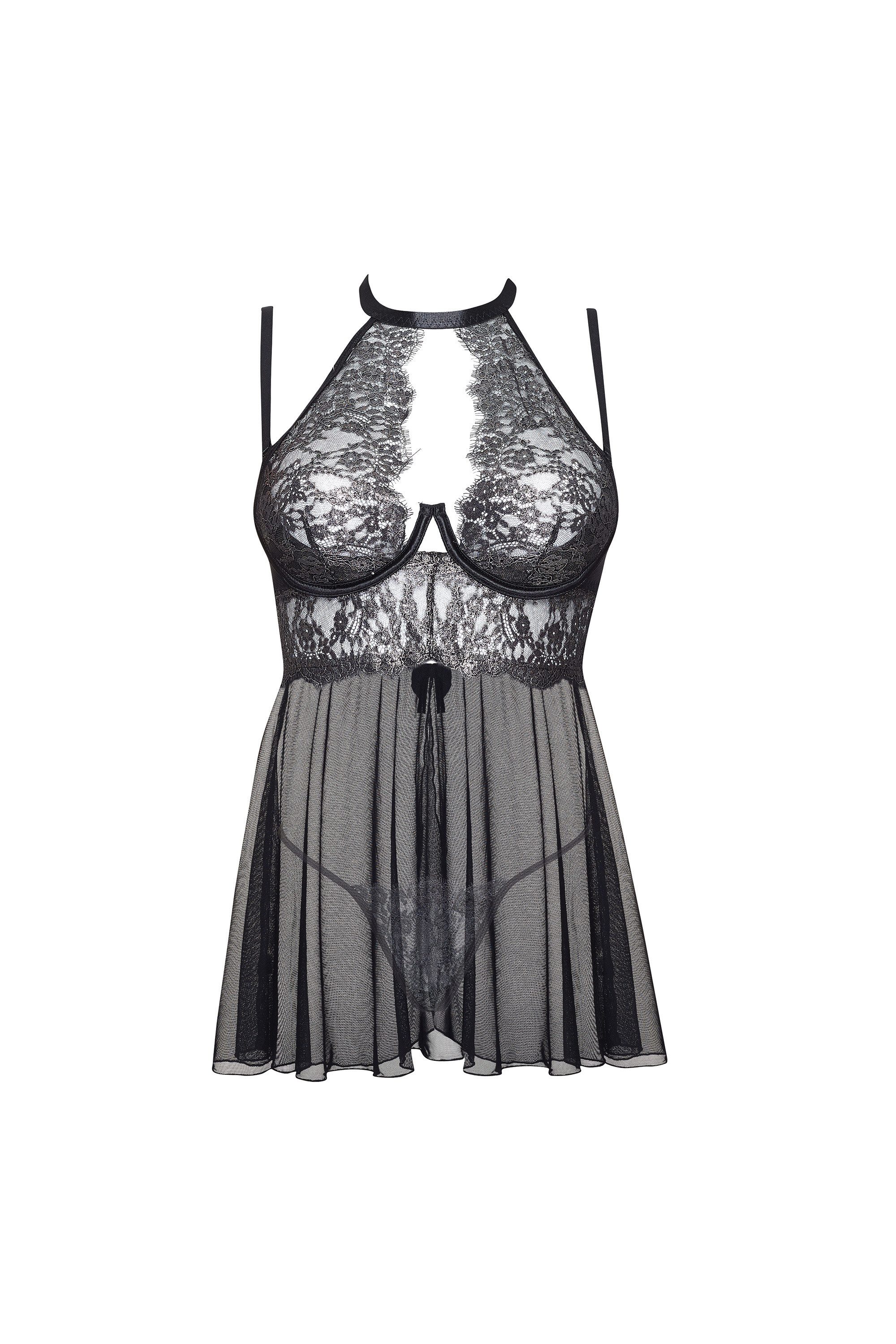 Beauty Night Fashion Negligé Babydoll Mariana schwarz-silber mit String Nachthemd (2-tlg)