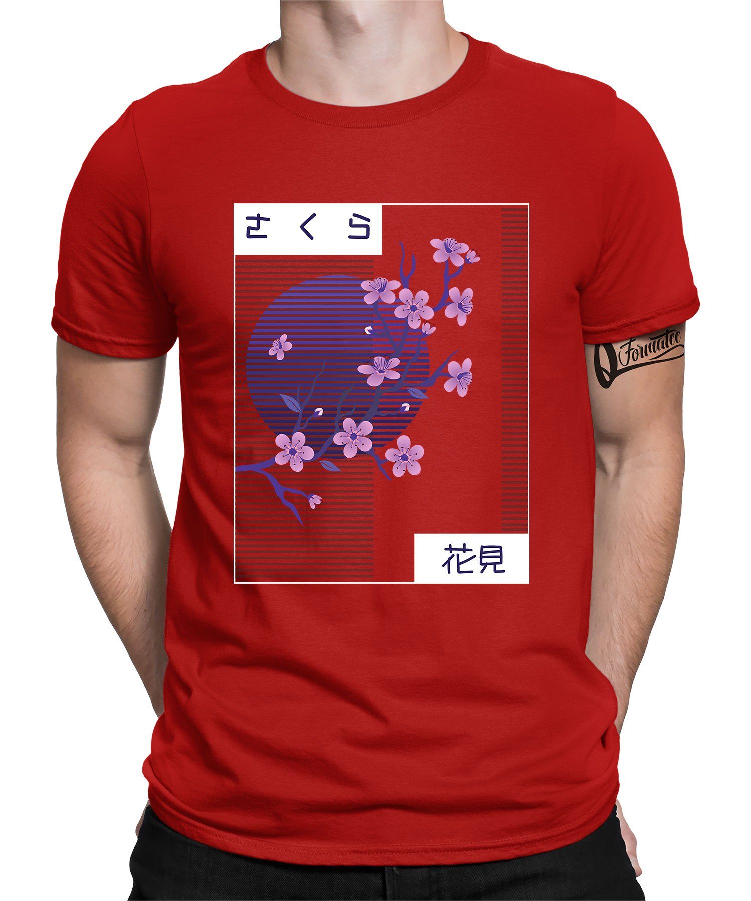 Quattro Formatee Kurzarmshirt Aesthetic Vaporwave Japanese Cherry Blossom - Ästhetik Herren T-Shirt (1-tlg) Rot