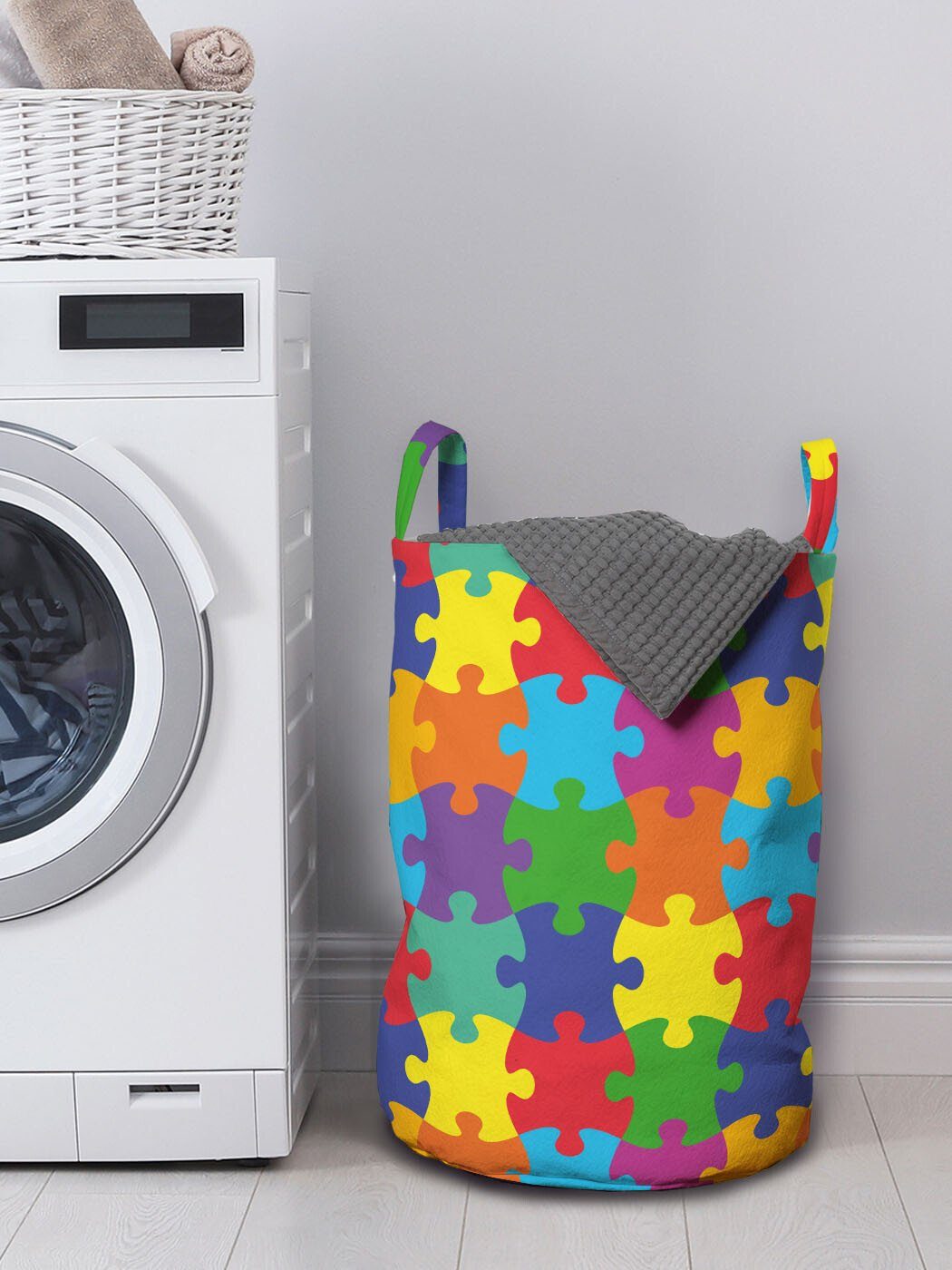 Bunt Waschsalons, Wäschekorb Kordelzugverschluss Puzzle Griffen für Abakuhaus mit Bild Teile Wäschesäckchen