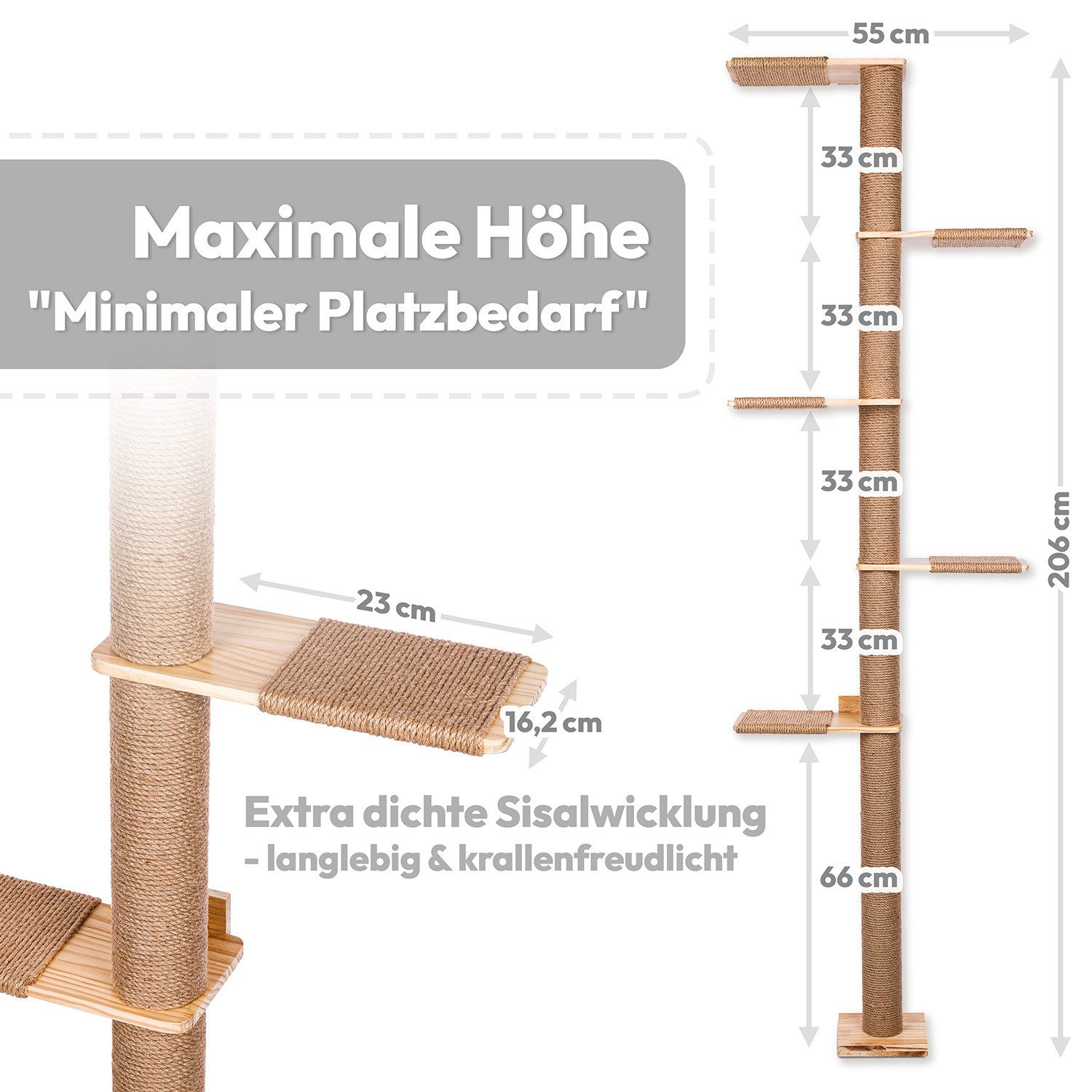 PET VIOLET Kratzbaum XXL Katzenbaum 206 cm hoch, wandmontierter 5 Ebenen Katzenkratzbaum, Katzenkratzbaum wandmontiert, 206 cm hoch, 5 Ebenen, Massivholz