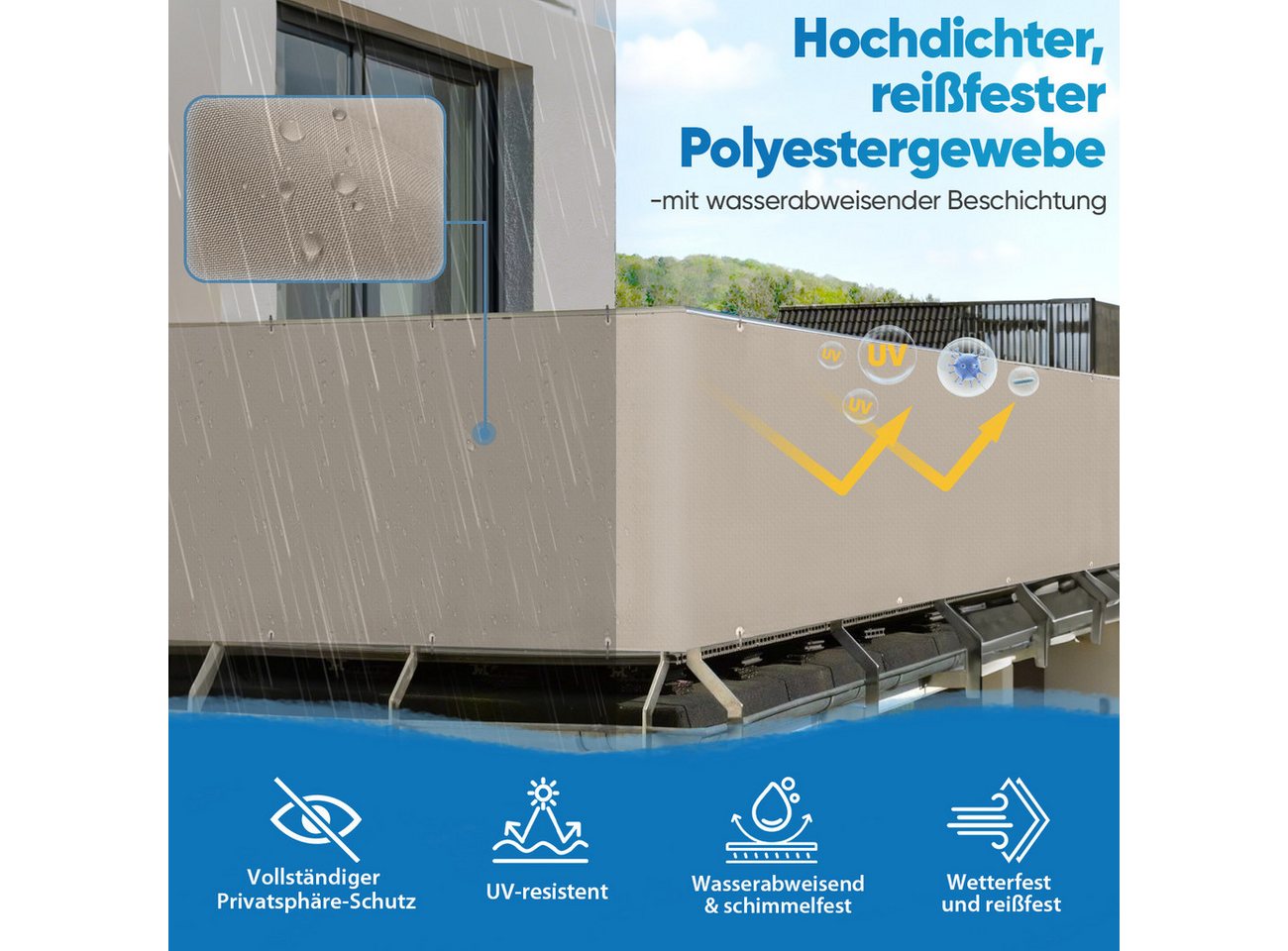 Thumbnail - Sekey Balkonsichtschutz Balkonabdeckung PES Blickdichte Balkonverkleidung Balkonumspannungen UV-Schutz, Wetterfester, fü...