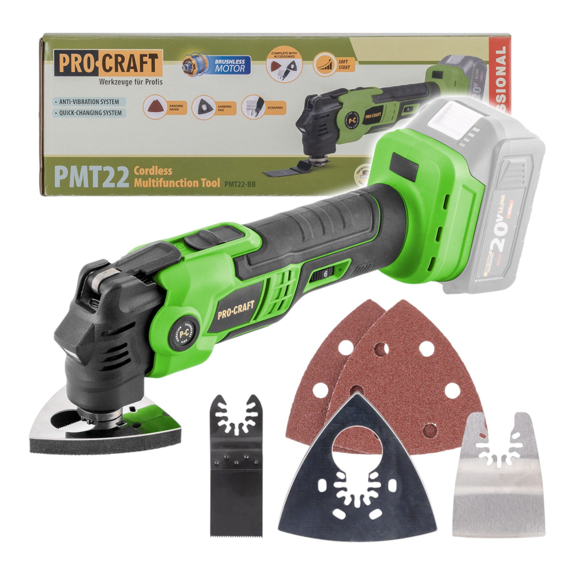 PRO CRAFT Akku-Multifunktionswerkzeug PMT22bb 20 V Brushless - ohne Akku, ohne Ladegerät