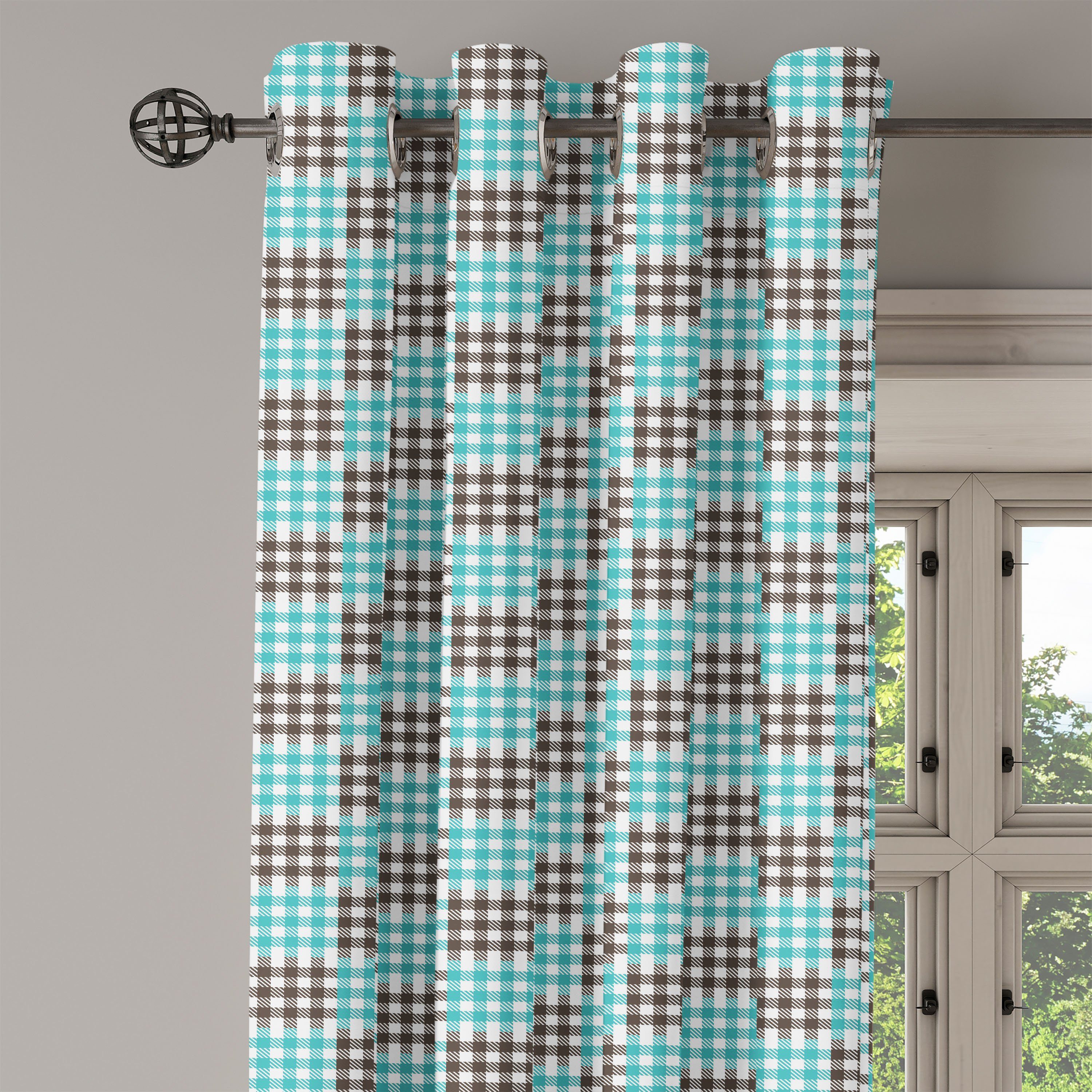 Abakuhaus, Gardine 2-Panel-Fenstervorhänge Retro Bicolor Dekorative Checkered Wohnzimmer, Plaid Schlafzimmer für