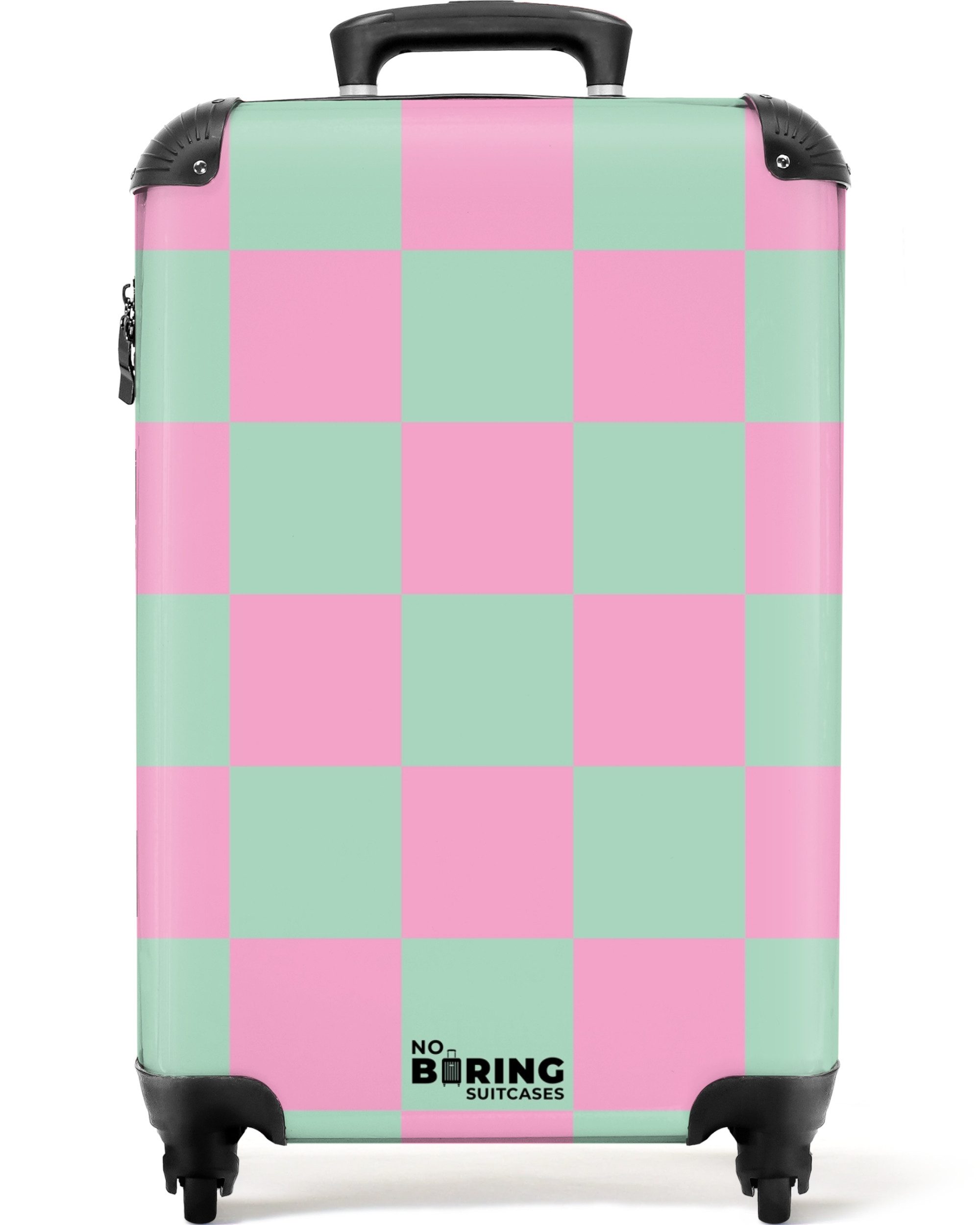 NoBoringSuitcases.com© Hartschalen-Trolley Rosa mit türkisem Schachbrettmus günstig online kaufen