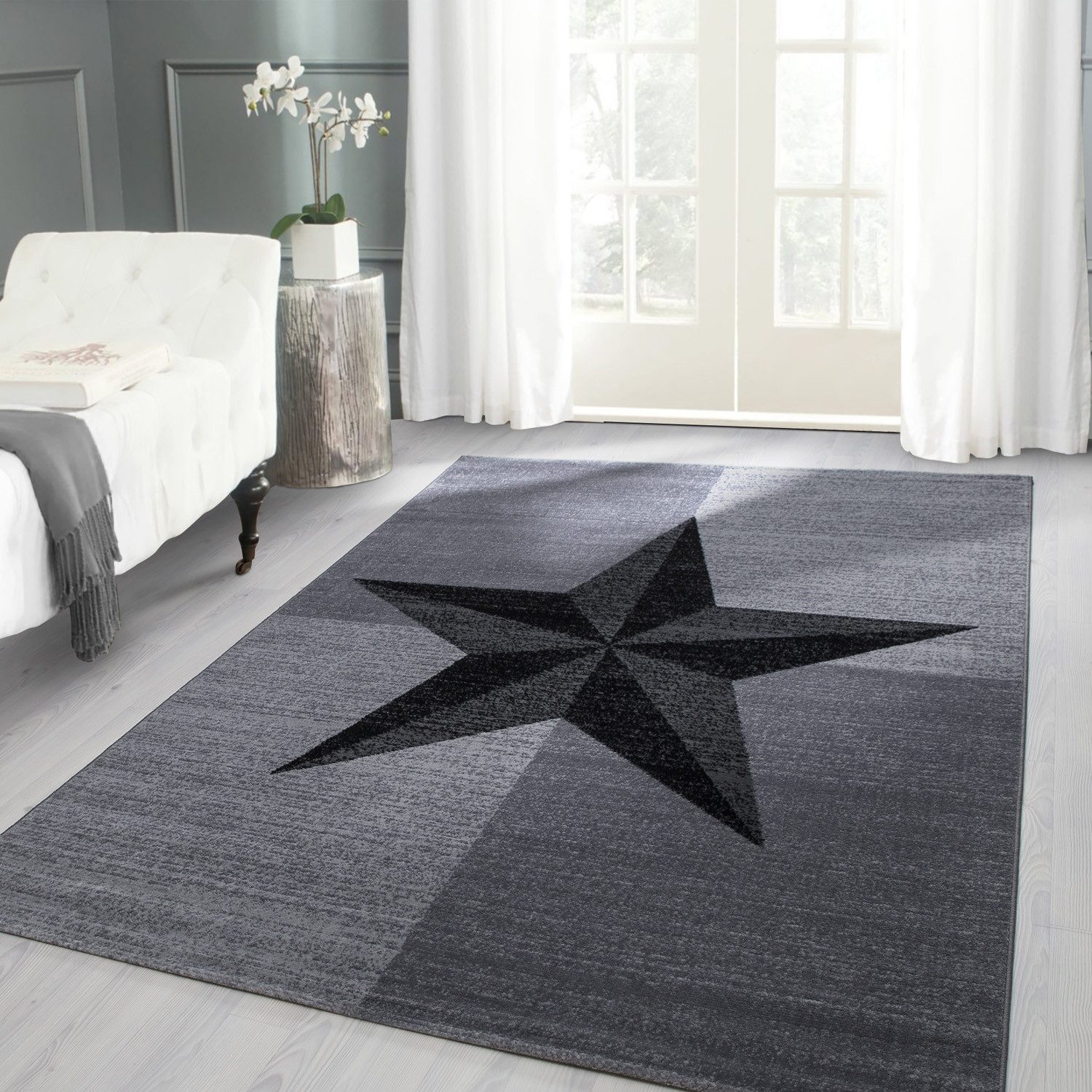 Designteppich Sterne-Design, Carpettex, Läufer, Höhe: 6 mm, Modern Kurzflor Teppich Wohnzimmer Stern Design Schwarz-Pflegeleicht