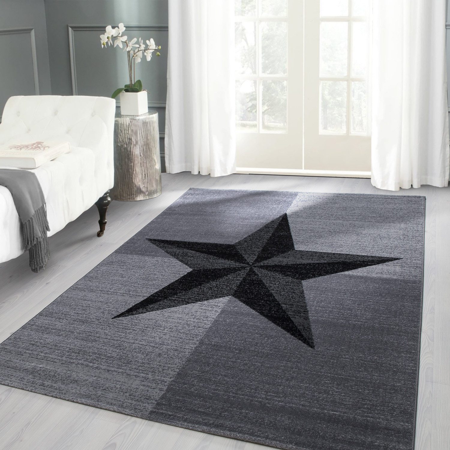 Designteppich Sterne-Design, Carpettex, Rechteckig, Höhe: 6 mm, Modern Kurzflor Teppich Wohnzimmer Stern Design Schwarz-Pflegeleicht