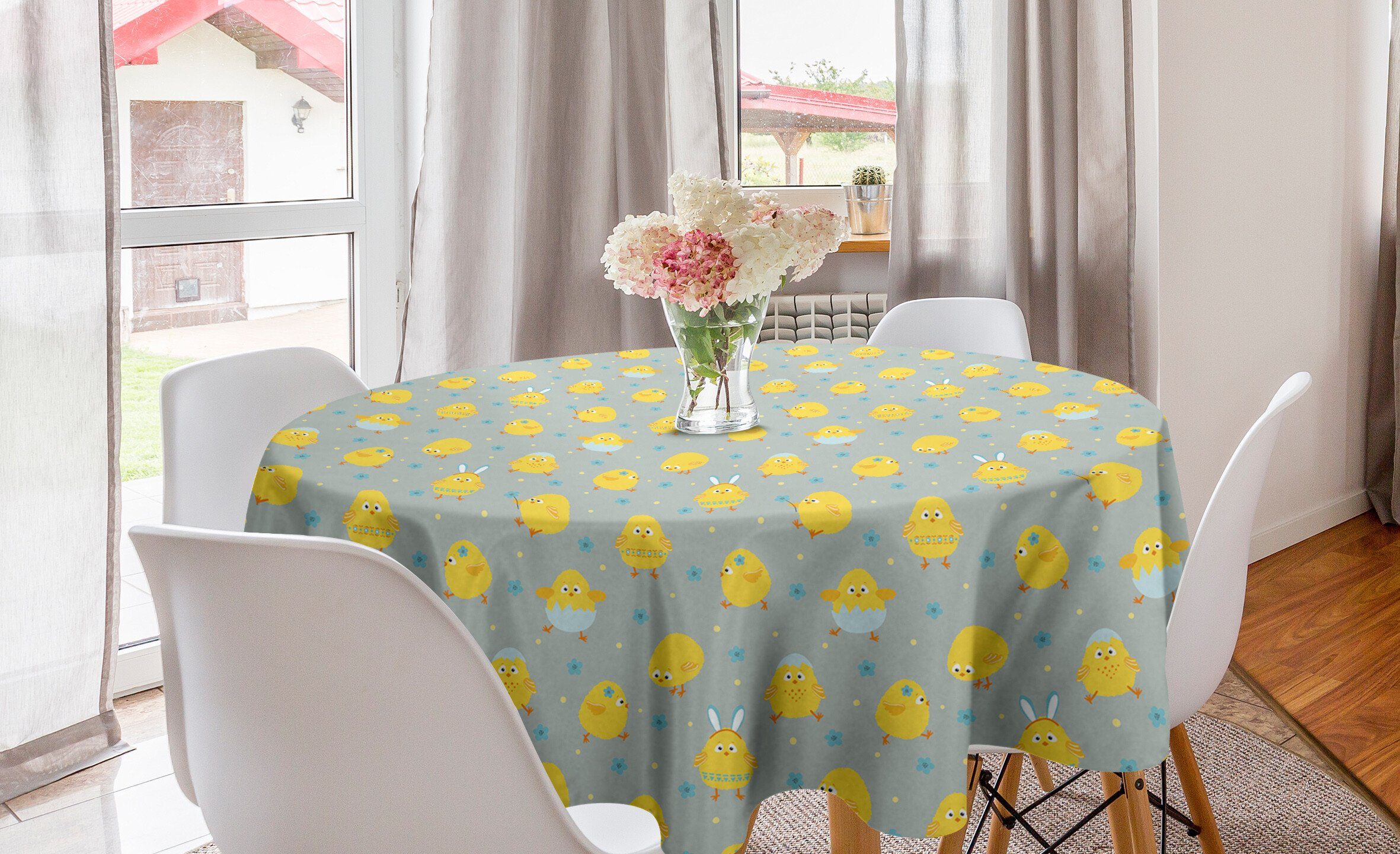 Küche Tischdecke Gelber Kreis Abdeckung Abakuhaus Tischdecke Esszimmer Dekoration, Vogel Karikatur-Baby-Huhn für