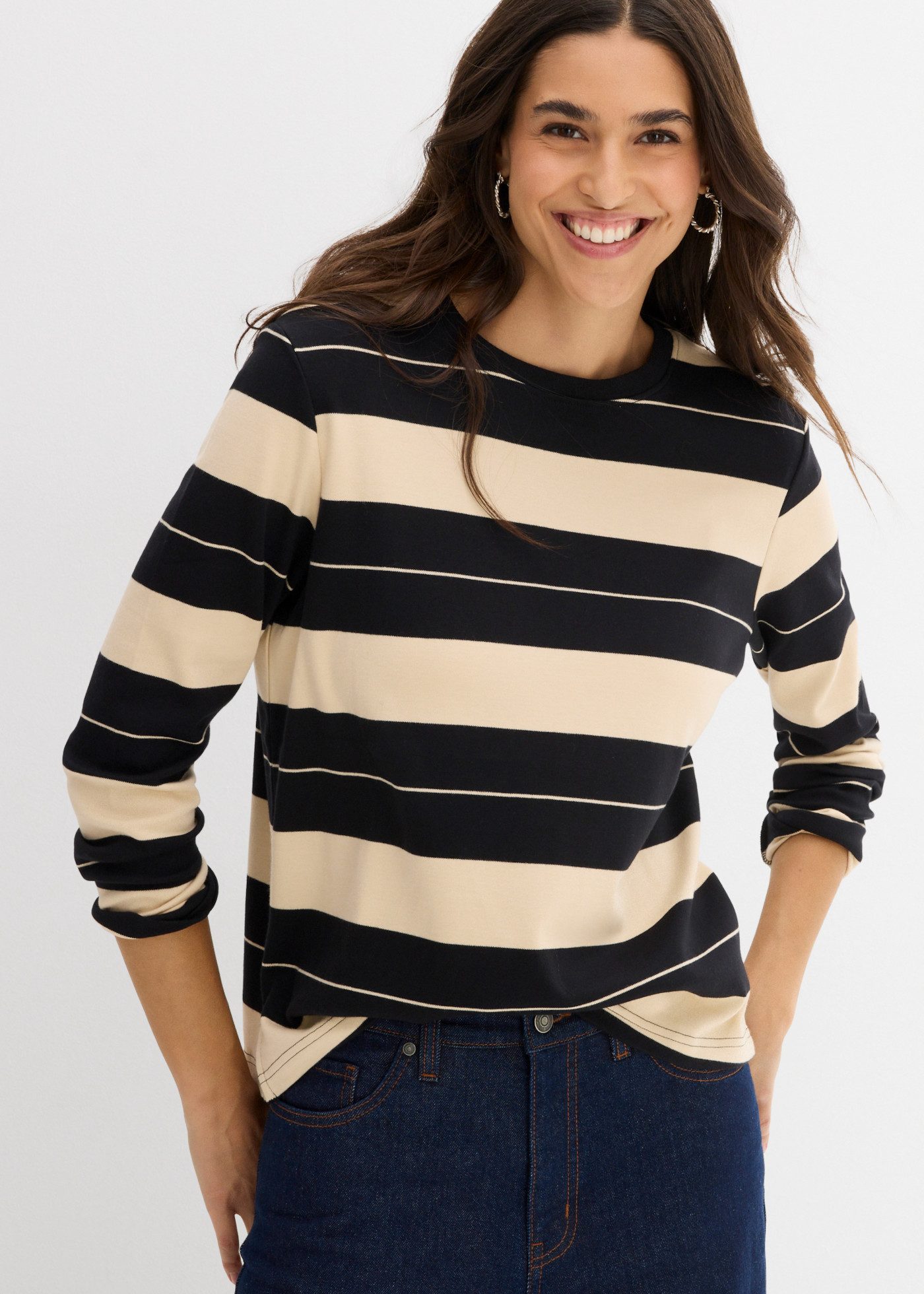 bonprix Langarmshirt in Streifenoptik, lässig geschnitten, aus Baumwolle, im Casual-Stil