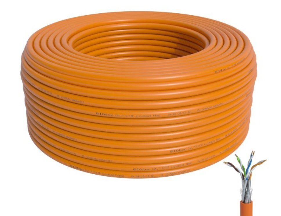 BIGtec CAT7 Netzwerkkabel Монтажный кабель Kabel orange KAT7 4x2xAWG23/1 LAN-Kabel, (200 cm), Anschluß an Patchpanel Netzwerkdosen, Aufputzmontage Unterputzmontage Indoor, Gebäudeverkabelung Hausverkabelung