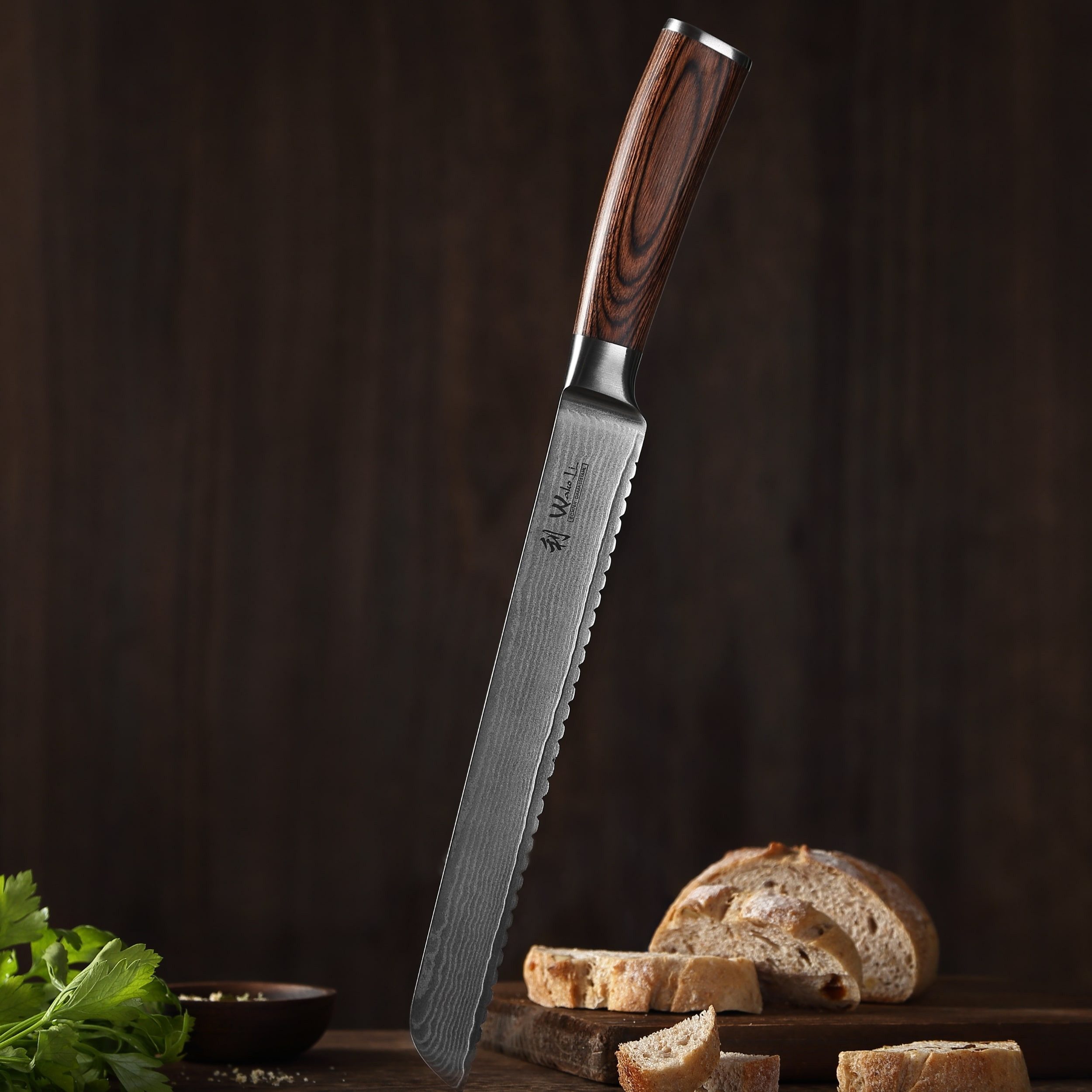 Wakoli Damastmesser EDIB Brotmesser Kochmesser 23cm Wellenschliffklinge Pakkaholzgriff, Küchenmesser aus 67 Lagen Damaststahl mit VG10 Kern inkl. Geschenkbox – Bild 4 von 5