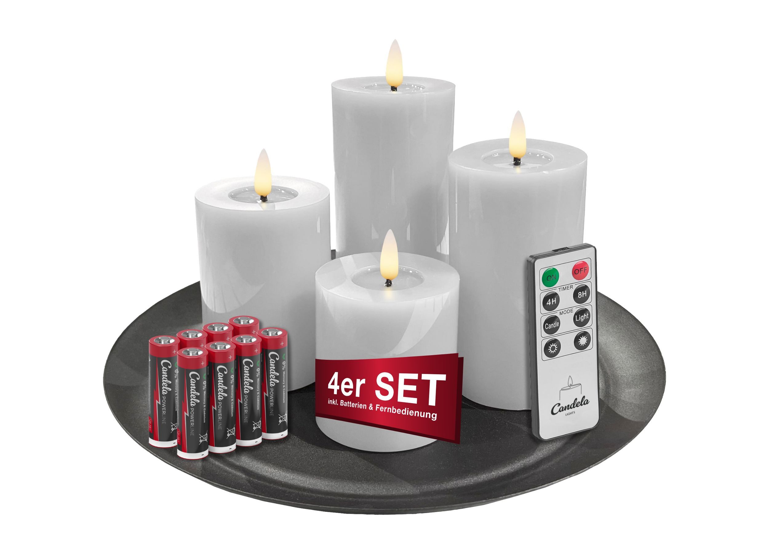 LC Home LED-Kerze Candela Lights LED Kerzen 4er Set Stumpenkerze inkl. Kerzenteller, LED-Teelicht