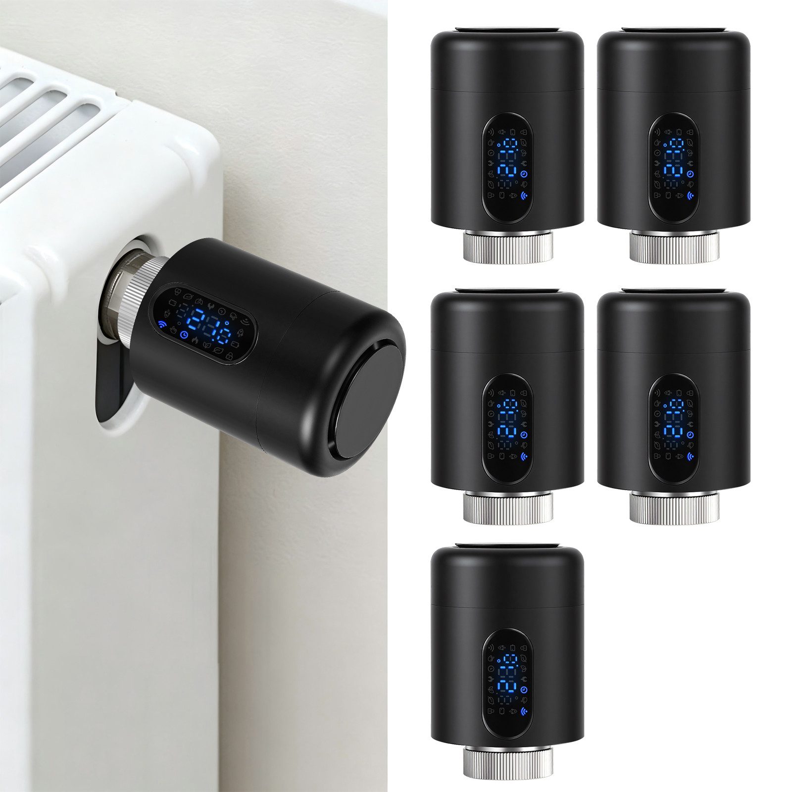 Clanmacy Heizkörperthermostat Smartes Thermostat WiFi, App-Steuerung, Smart Life/Tuya, Schwarz, 5er, (35 St)