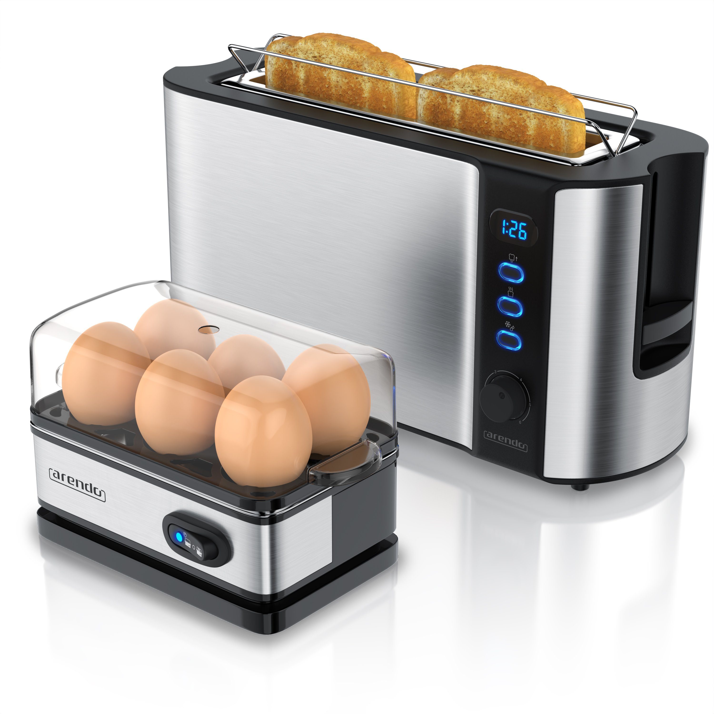 Arendo Frühstücks-Set (2-tlg), 2-Scheiben Toaster, Silber 6er Eierkocher, Langschlitz