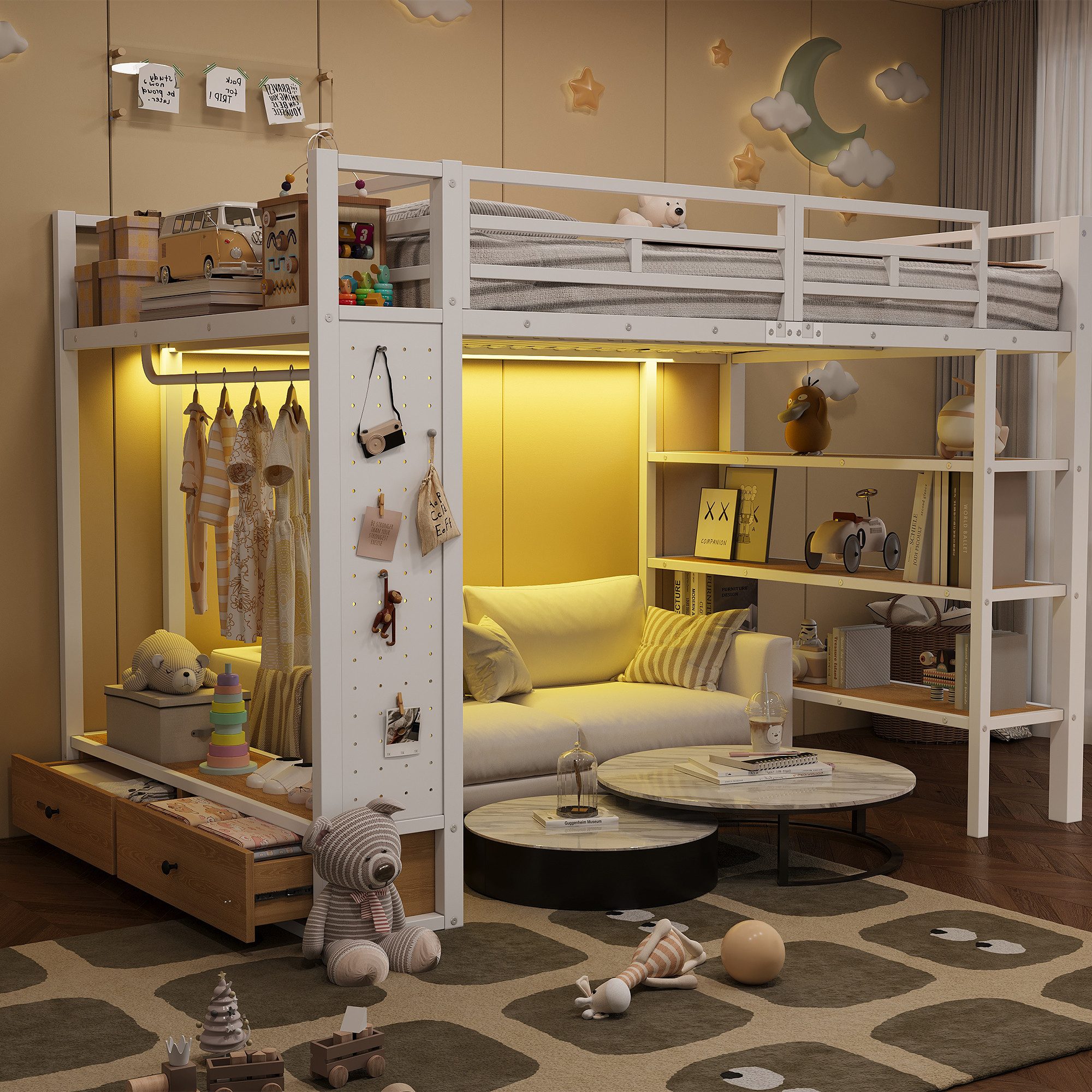 Merax Hochbett 140x200cm mit LED-Beleuchtung (Jugendbett Metallbett Loftbett, 1-St) Kinderbett mit offenem Kleiderschrank,Ablagefächern,Lochwand,Stauraum