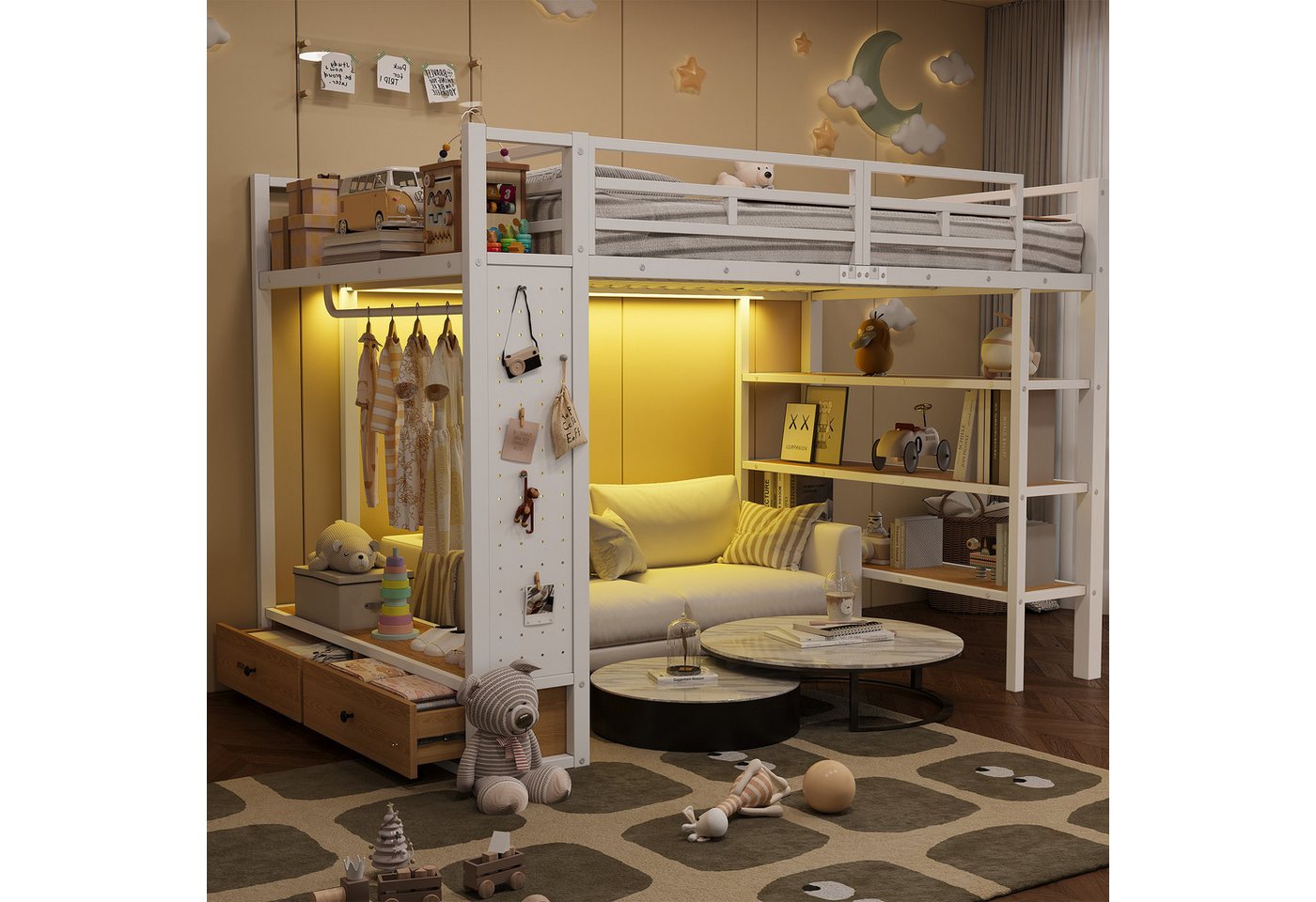 Merax Hochbett 140x200cm mit LED-Beleuchtung (Jugendbett Metallbett Loftbett, 1-St) Kinderbett mit offenem Kleiderschrank,Ablagefächern,Lochwand,Stauraum