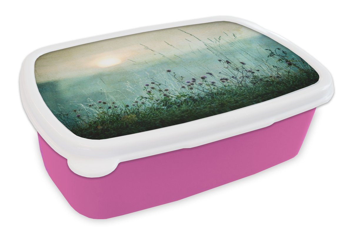 MuchoWow Lunchbox Natur - Vintage - Blumen - Sonne, Kunststoff, (2-tlg), Brotbox für Erwachsene, Brotdose Kinder, Snackbox, Mädchen, Kunststoff rosa