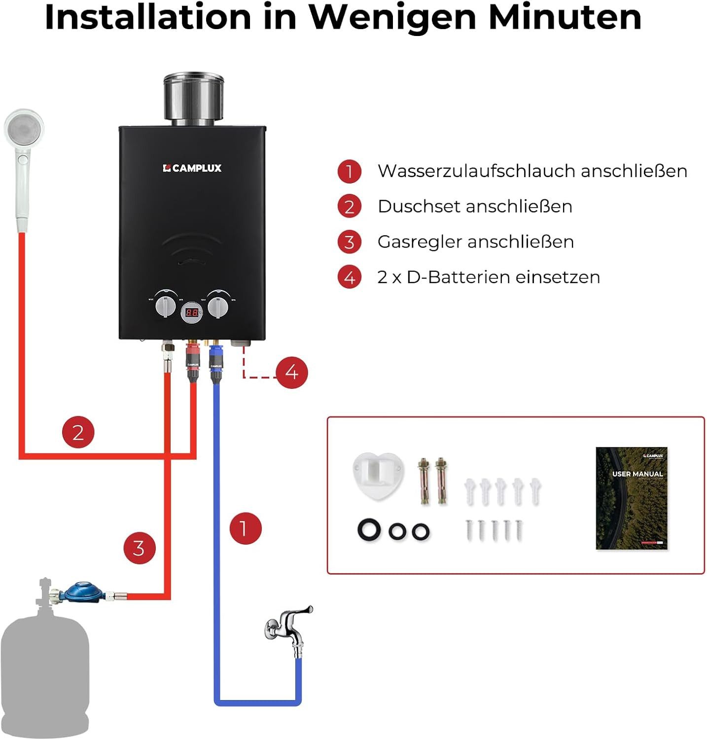 CAMPLUX Durchlauferhitzer Tankless Gasdurchlauferhitzer Campingdusche, min. 20 °C, max. 65 °C, 12 kW LPG Warmwasserbereiter Wasserspeicher Outdoor – Bild 5 von 5