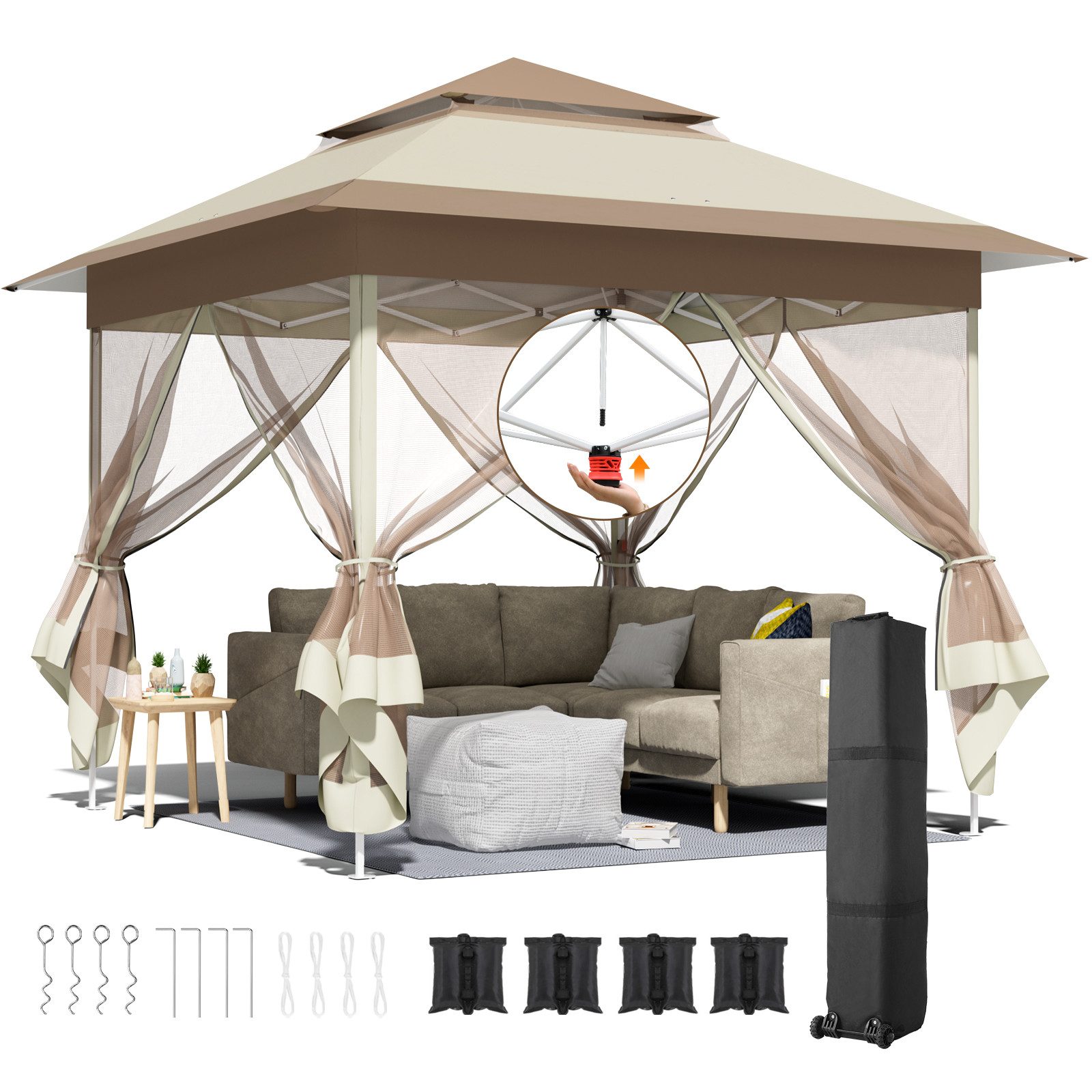 TLGREEN Faltpavillon 3,3x3,3 mit 4 Moskitonetz Seitenteilen, mit 4 Seitenteilen, One Push pavillon Wasserdicht Stabil,UV Schutz 50+