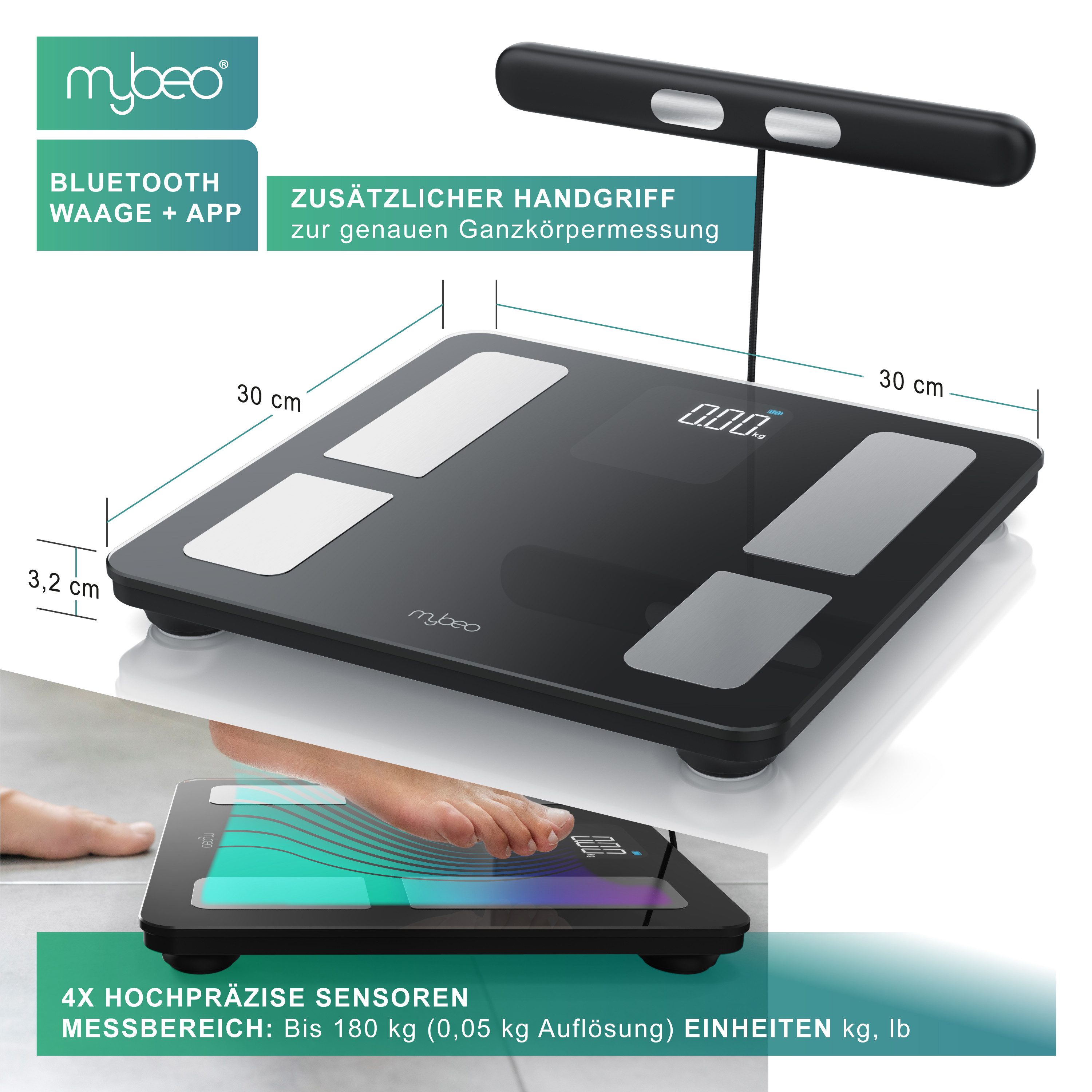 MyBeo Körper-Analyse-Waage Digitale Bluetooth Körperfettwaage, Handgriff-Messung & App-Steuerung, 1-tlg., Diagnosewaage, BMI, Körperfett, Wasser & Muskelanteil, bis zu 180 kg