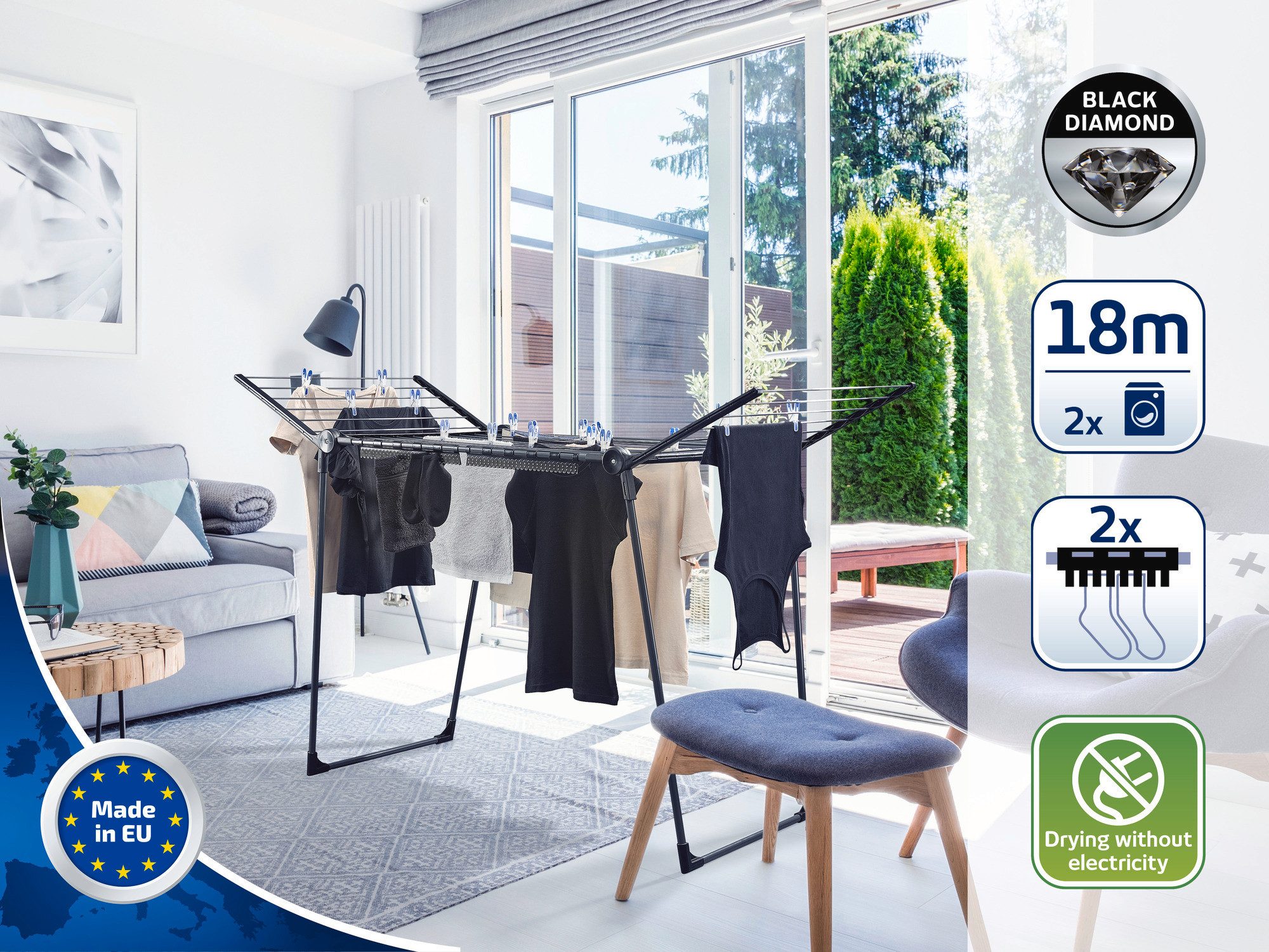 Leifheit Wäscheständer Standtrockner Pegasus 180 Solid Black, Trockenlänge, 105cm Flügelhöhe, Kleinteilehalter, zusammenklappbar