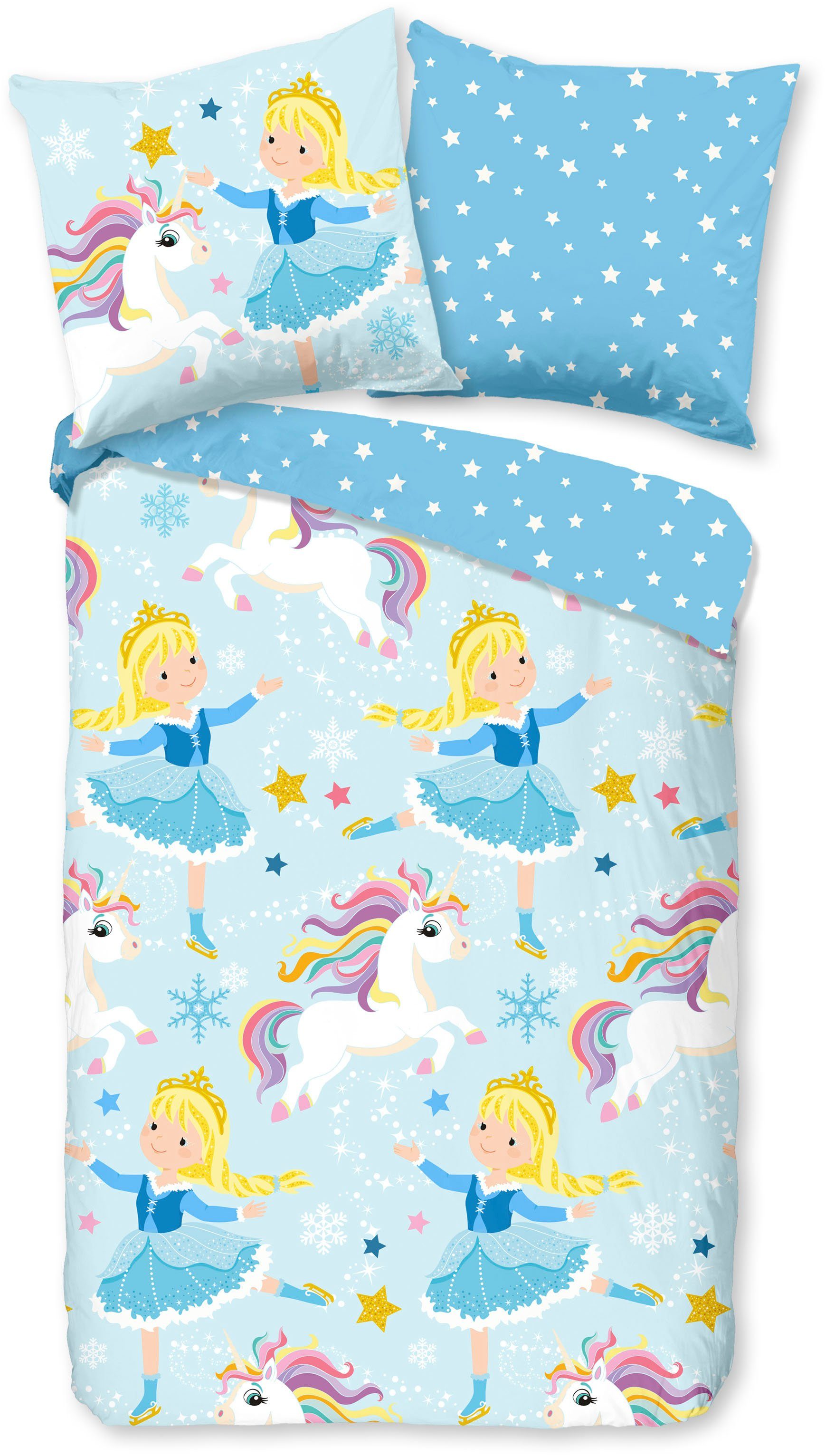 good morning Kinderbettwäsche Iceprincess, Biber, Flanell, 2 teilig, Biber, 135x200, Warm, Weich, Wende, Reißverschluss, Mädchen, Einhorn – Bild 2 von 5