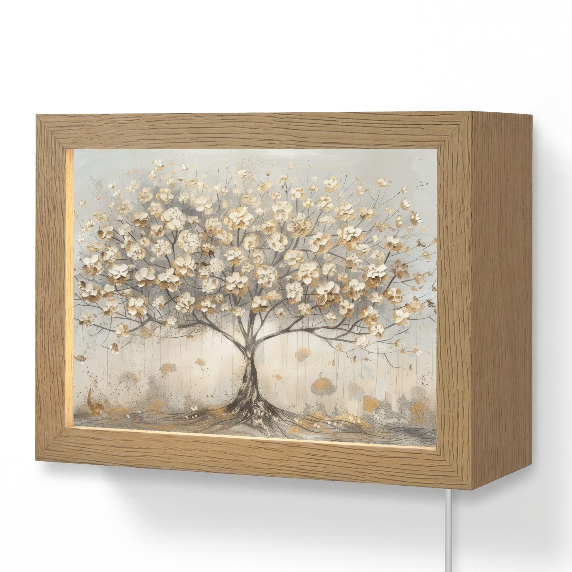 OnlyWow Wandleuchte Lightbox Baum - Beige - Gold - Lackoptik - Grau, Dimmbar, Farbwechsel, LED, Warmweiß, Kaltweiß, Neutralweiß Einstellbar, Wandlampe Innen, Dimmbar, mit Kabel, LED, Modern, Flur