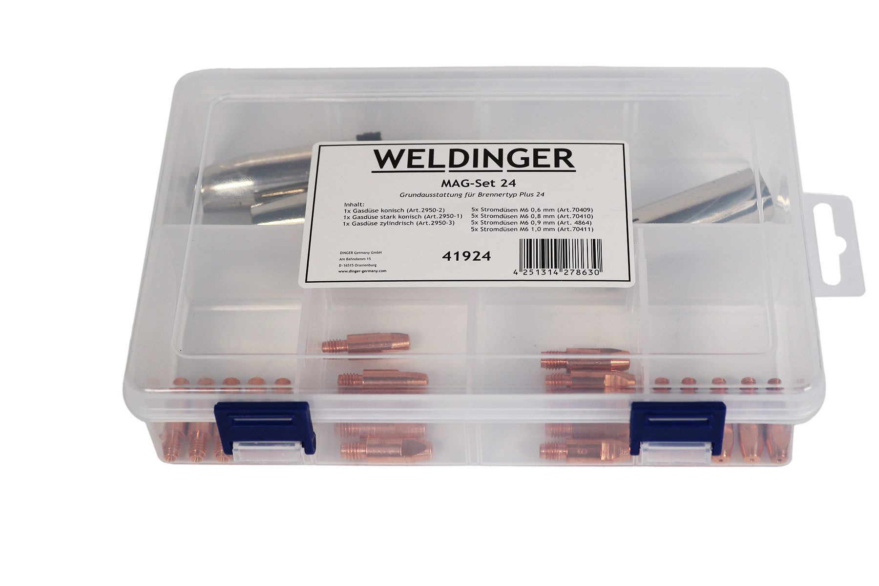 WELDINGER Gasdüse MAGSet24 für MAG-Brennertyp PLUS24 (Verschleißteileset 0,6-1,0 mm), Zubehörset, 24-St., Zubehörset für MAG-Schweißgarnitur, übersichtliche Kunststoffbox