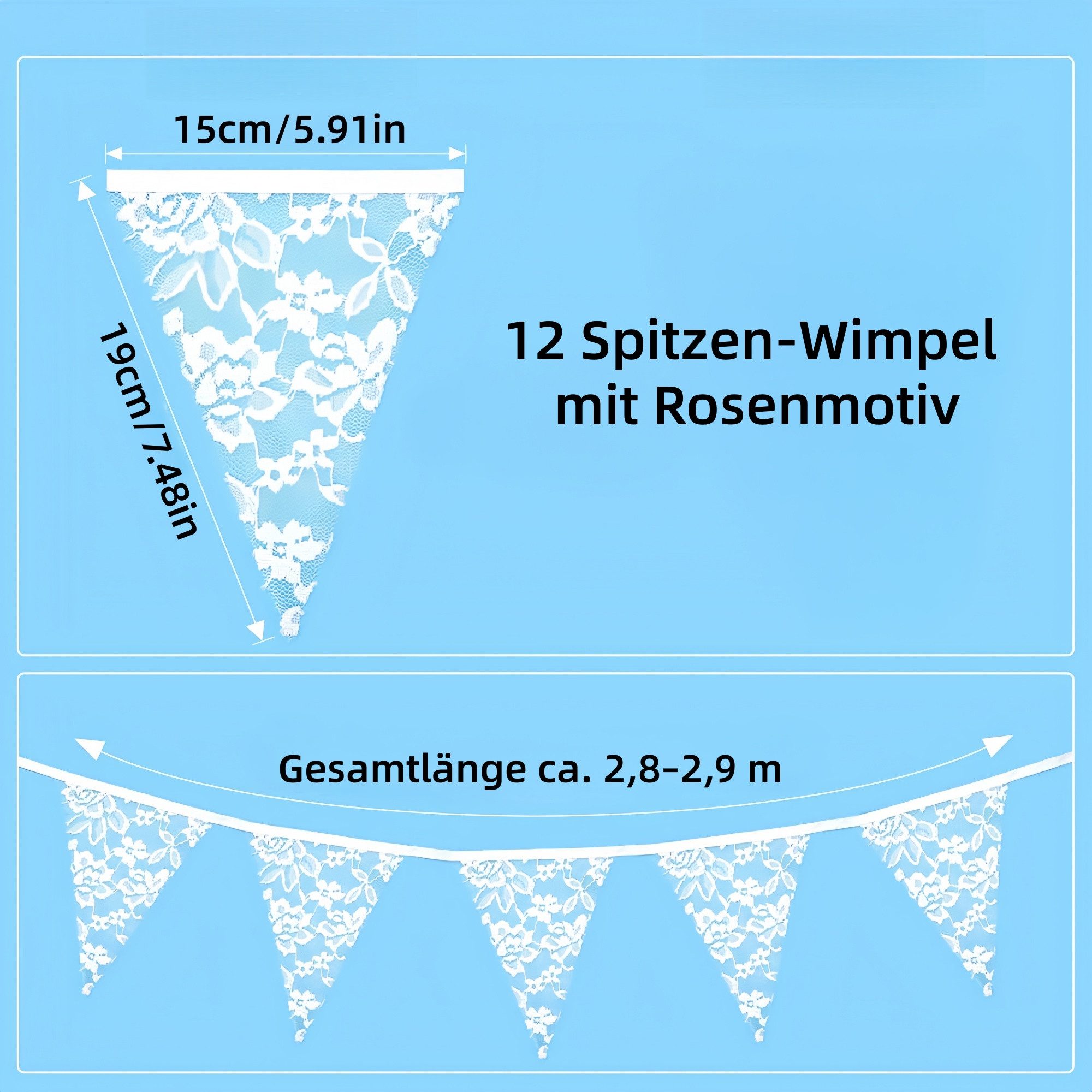 FOUORTUNATE-BEE Flagge Spitzen-Wimpelkette mit Rosenmotiv, 12 Wimpel, Hochzeitsdeko, Romantische Rosen-Wimpelkette für Hochzeit und Gartenparty