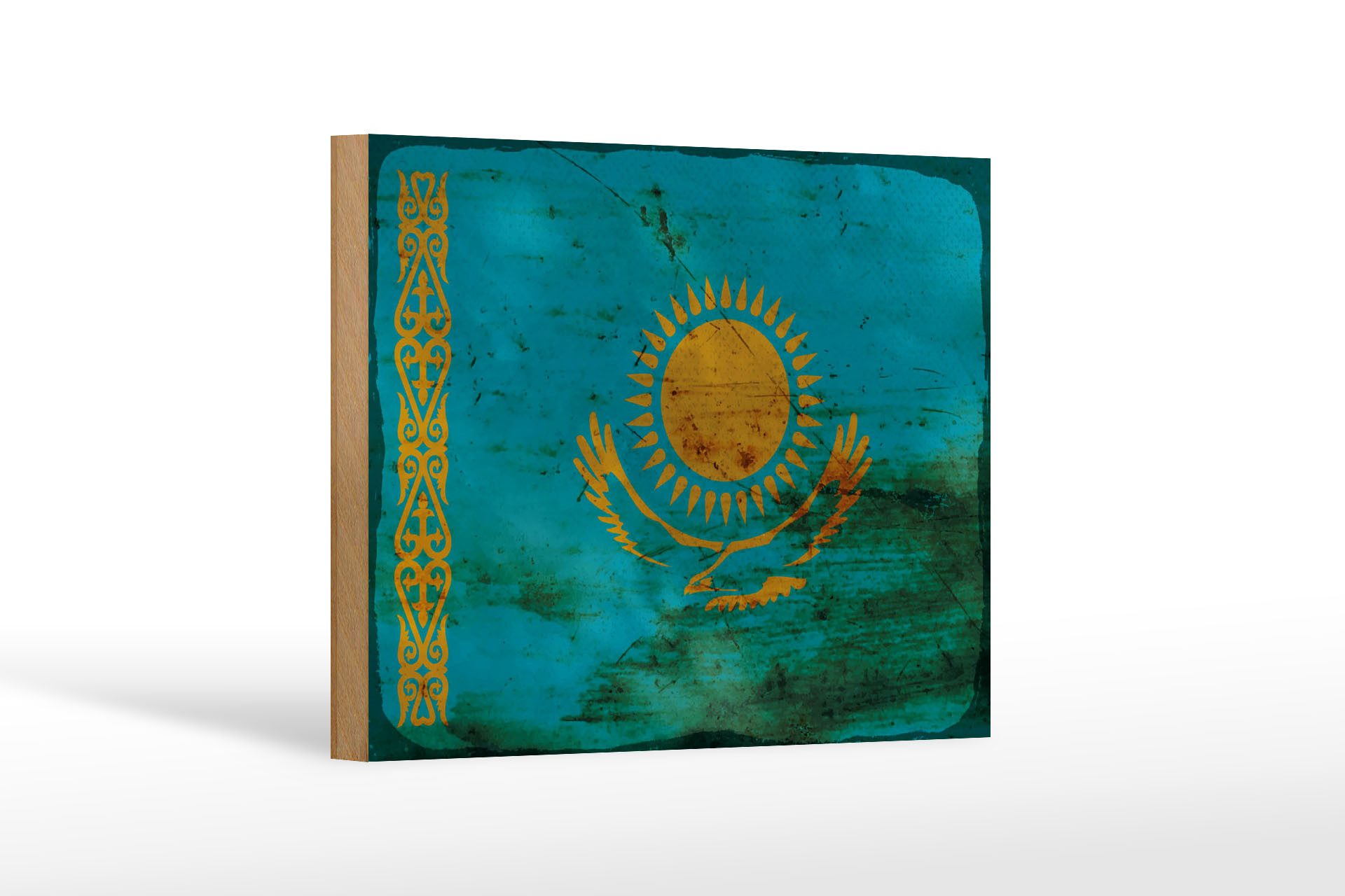 Femer GmbH Holzbild Flagge Kasachstan 18x12 cm Kazakhstan Rost, Flaggen (1 St), Glatte Holzfaserplatte (MDF), vorn beschichtet