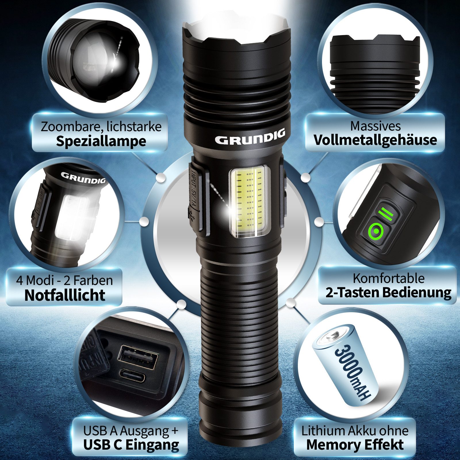 Grundig LED Taschenlampe Arbeitsleuchte - Notfall USB Ladung von Telefon/Tablet extrem HELL (mit Zusatz Arbeitsleuchte - Notfall USB Ladung), extrem hell hochfestes Alu Gehäuse - starker Li Akku