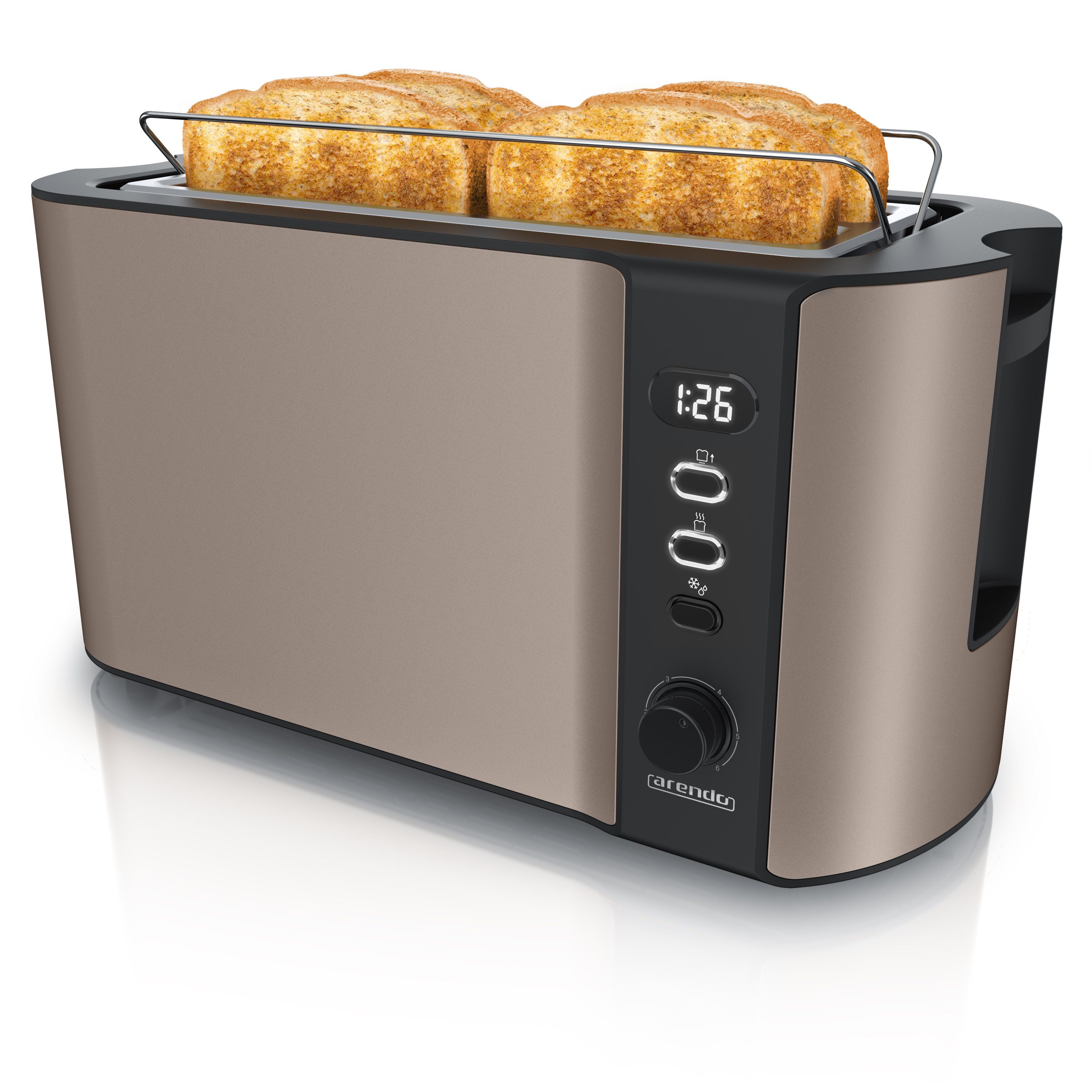 Arendo Toaster, 2 lange Schlitze, für 4 Scheiben, 1500 W, Langschlitz, Brötchenaufsatz, Wärmeisolierendes Gehäuse, Display bronze | Langschlitztoaster