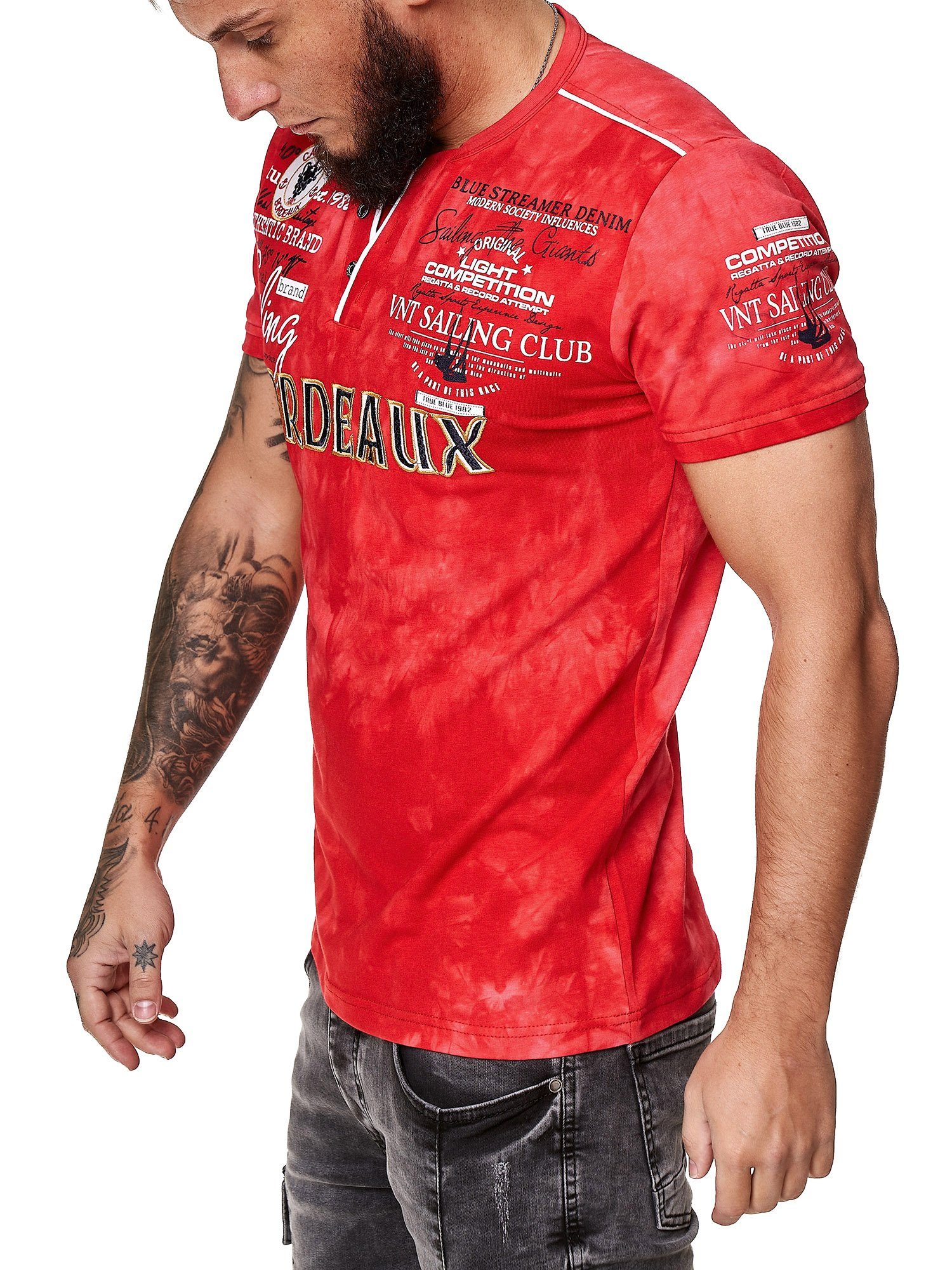 (Shirt Tee, Polo 1-tlg) Freizeit OneRedox Kurzarmshirt T-Shirt Casual 3589C Rot Fitness