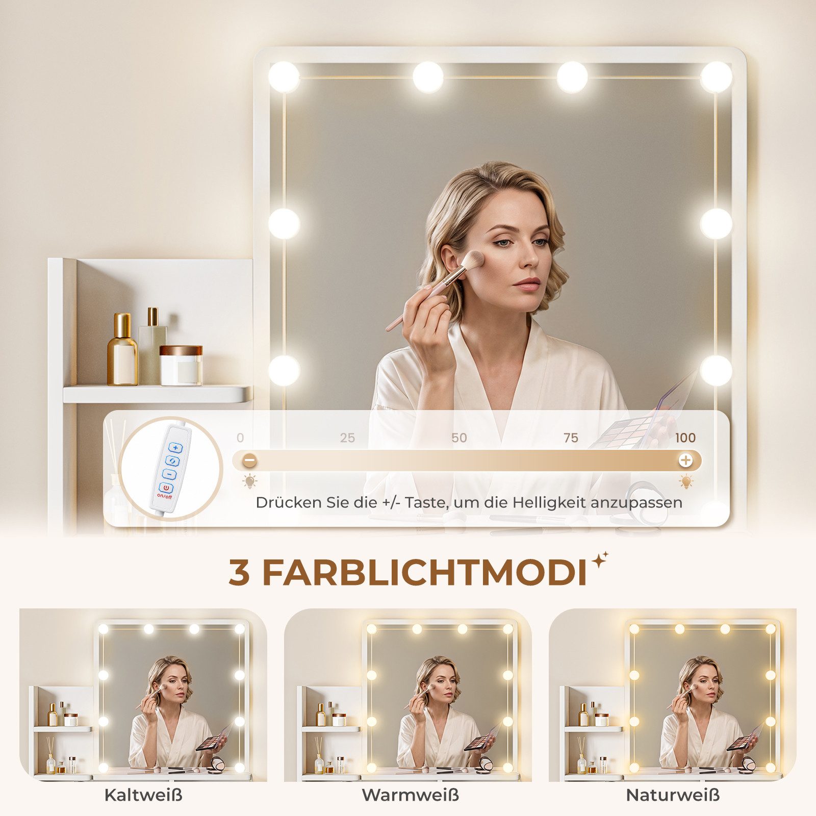 Dripex Schminktisch Weiß mit LED und Hocker, 4 Schubladen 10 dimmbare LED-Glühbirnen (144Hx40Tx87B cm)