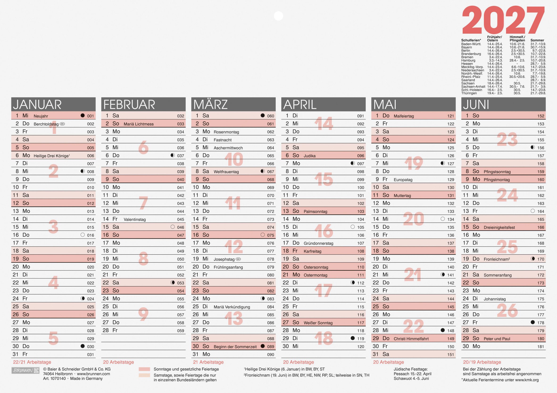 BRUNNEN Schreibtischkalender 2027 BRUNNEN Tafelkalender A4 1S/6Monate