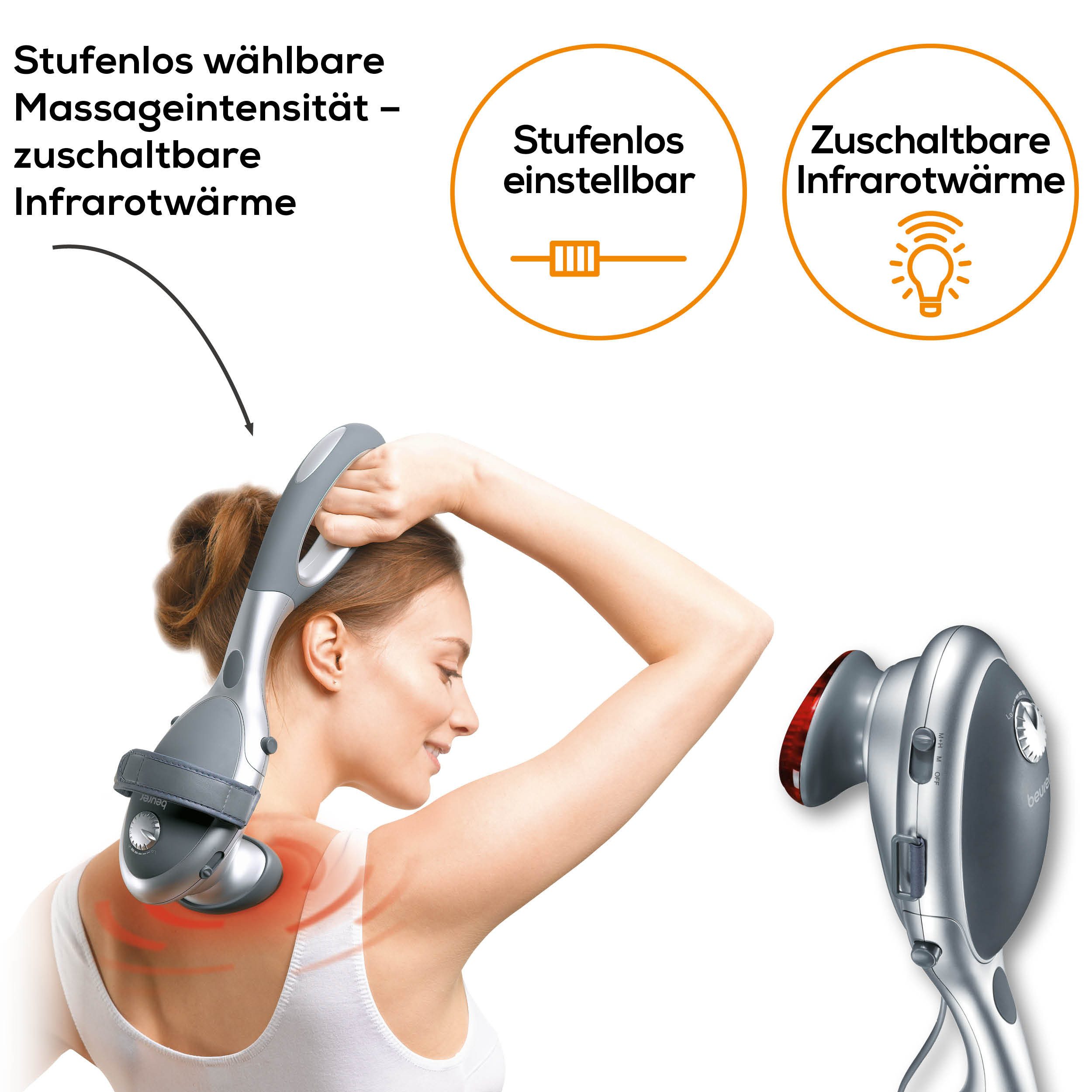 BEURER Massagegerät MG 70 für eine tiefenwirksame Klopfmassage mit Infrarotwärme, Vielseitig anwendbar mit oder ohne Handgriff, 2 Massageaufsätze